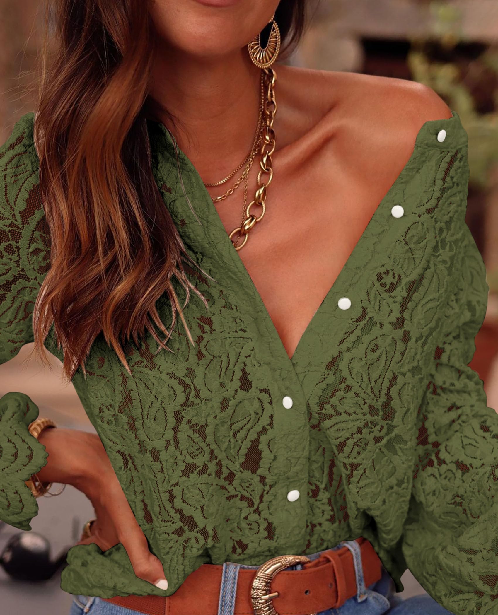 PRETTYGARDEN Women's Dressy Casual Lace Blouse Long Sleeve Button Up Shirts Tops Spring Fall Fashion Clothes