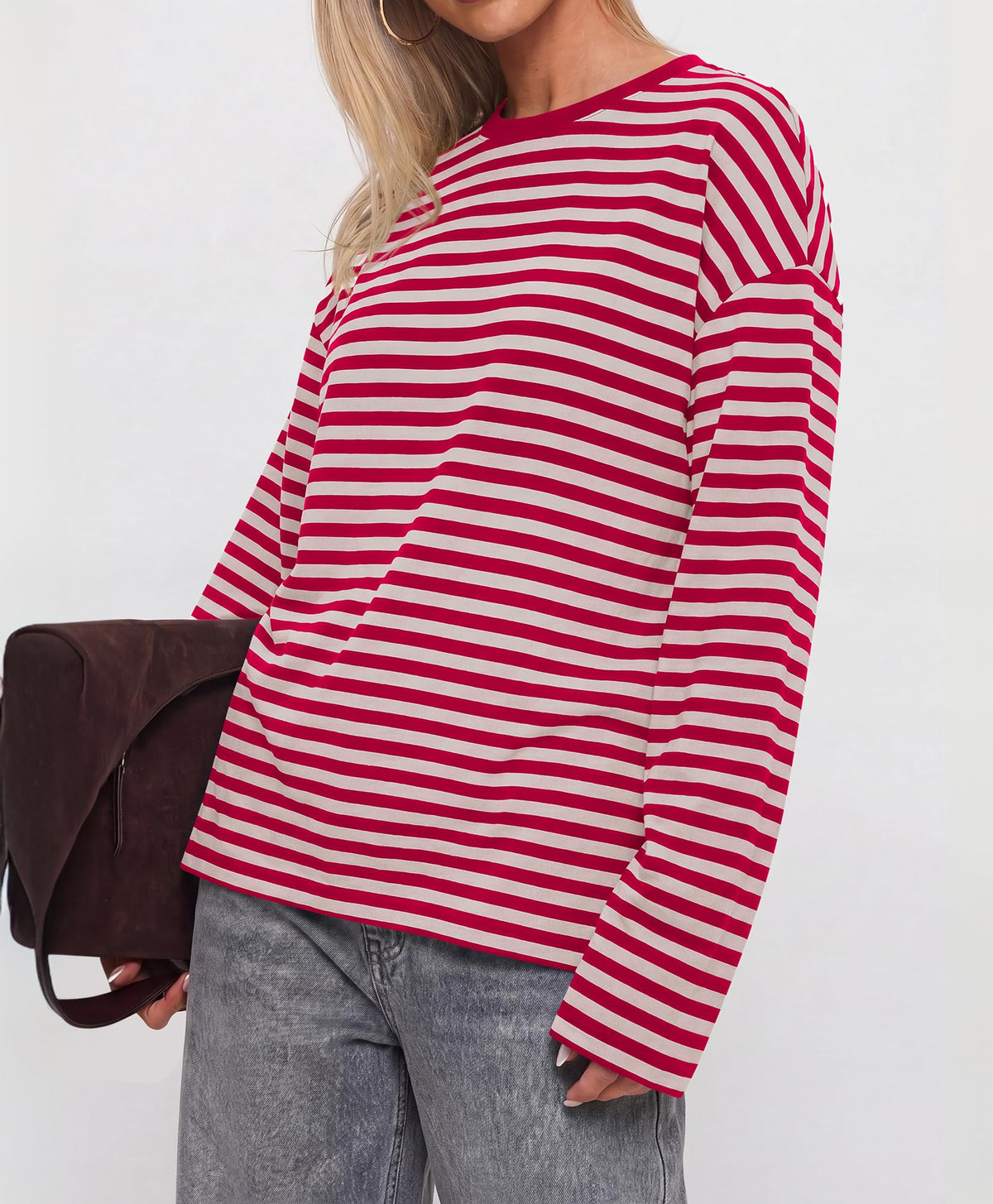 BTFBM Womens Long Sleeve Tops Fall Fashion | Lightweight, Crew Neck, Oversized Striped Shirt Women, Y2k Clothes, Vacation Travel Outfits, Going Out Top, Winter Layering