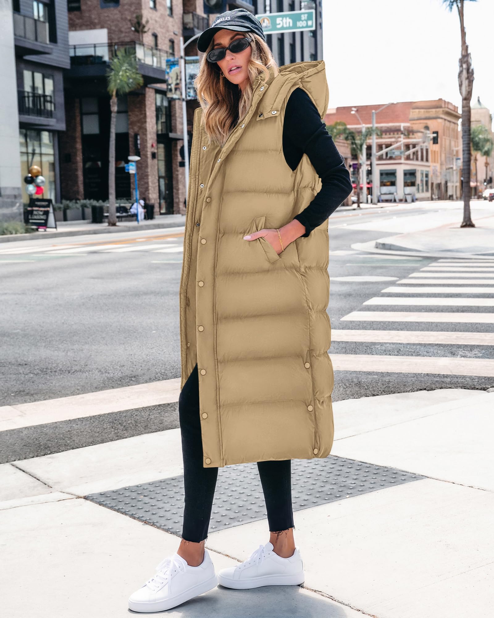 BTFBM Long Puffer Vest Women Quilted Hooded Button Down Zip Up Sleeveless Vests Outerwear Padded Jacket Fall Winter Coat