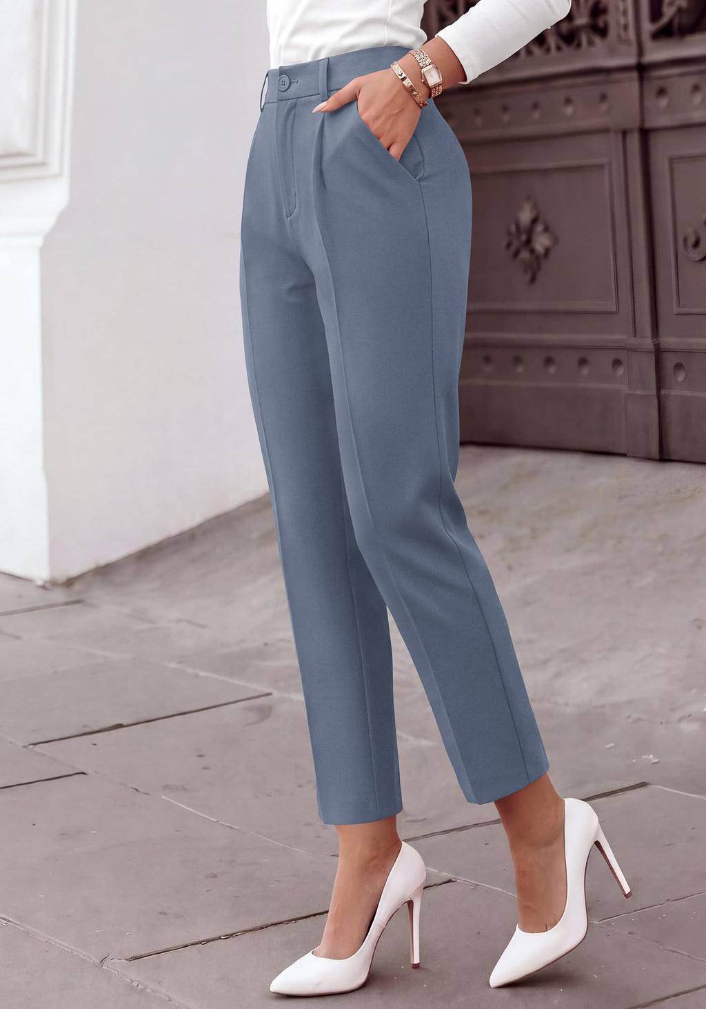 BTFBM Dress Pants Women Work Business Office Ankle Trousers Pockets Straight Leg Pleated Womens Slacks,Tapered Trousers for Work Office,Elastic Back High Waist,Fall Business Casual Outfits