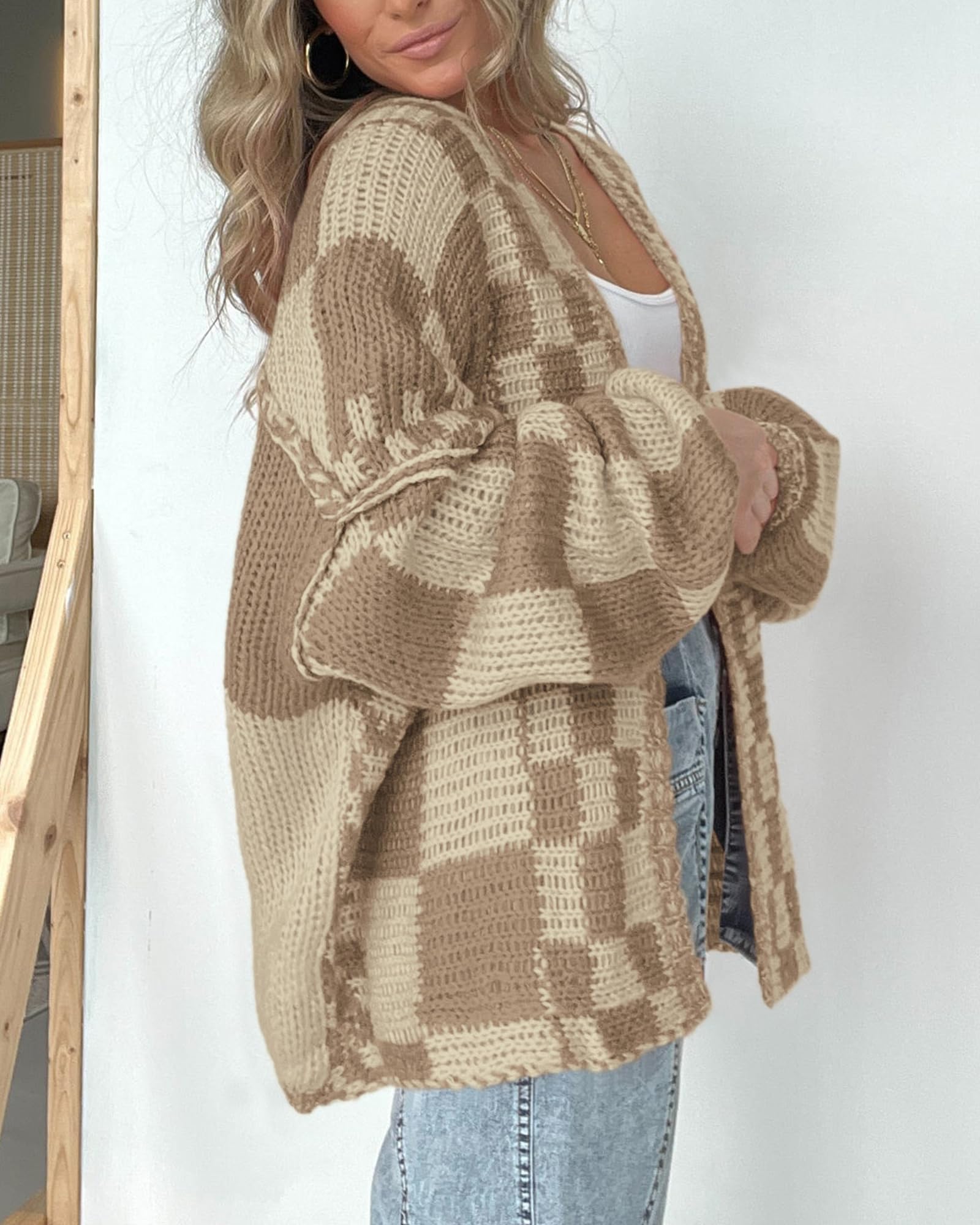 FreshPretty Casual Cardigan Sweater for Women Fall Long Sleeve Open Front Chunky Knit Sweaters Checkered Outwear Coat