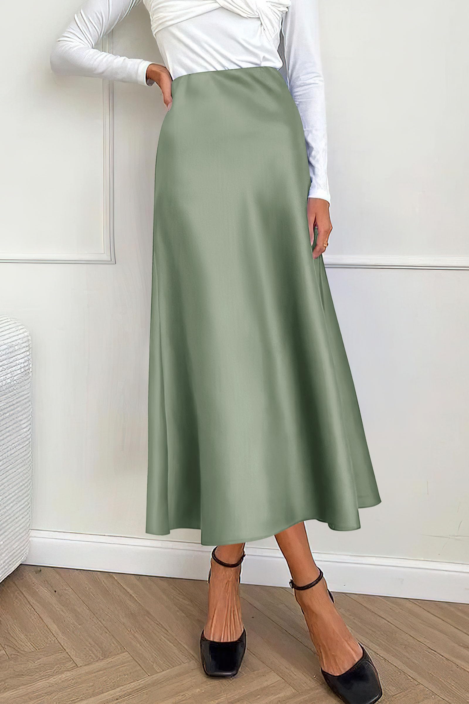 PRETTYGARDEN Women's Satin Skirts Dressy Casual Fall High Waisted Cocktail Wedding Flowy Elegant A Line Midi Skirt