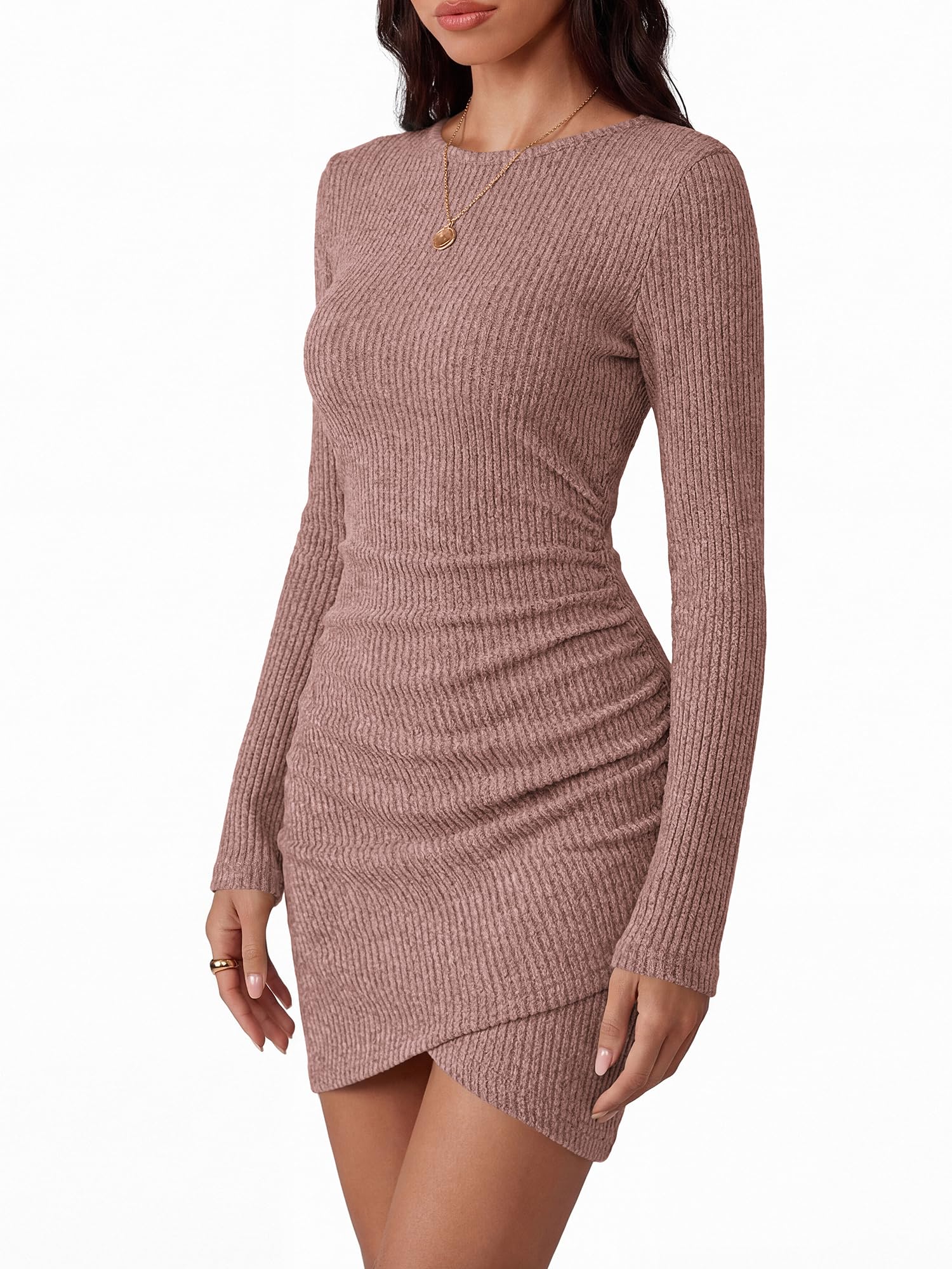 BTFBM Womens Long Sleeve Bodycon T Shirt Dress | Crew Neck,Ruched,Ribbed,Homecoming Cocktail Dresses,Fall Winter Clothing