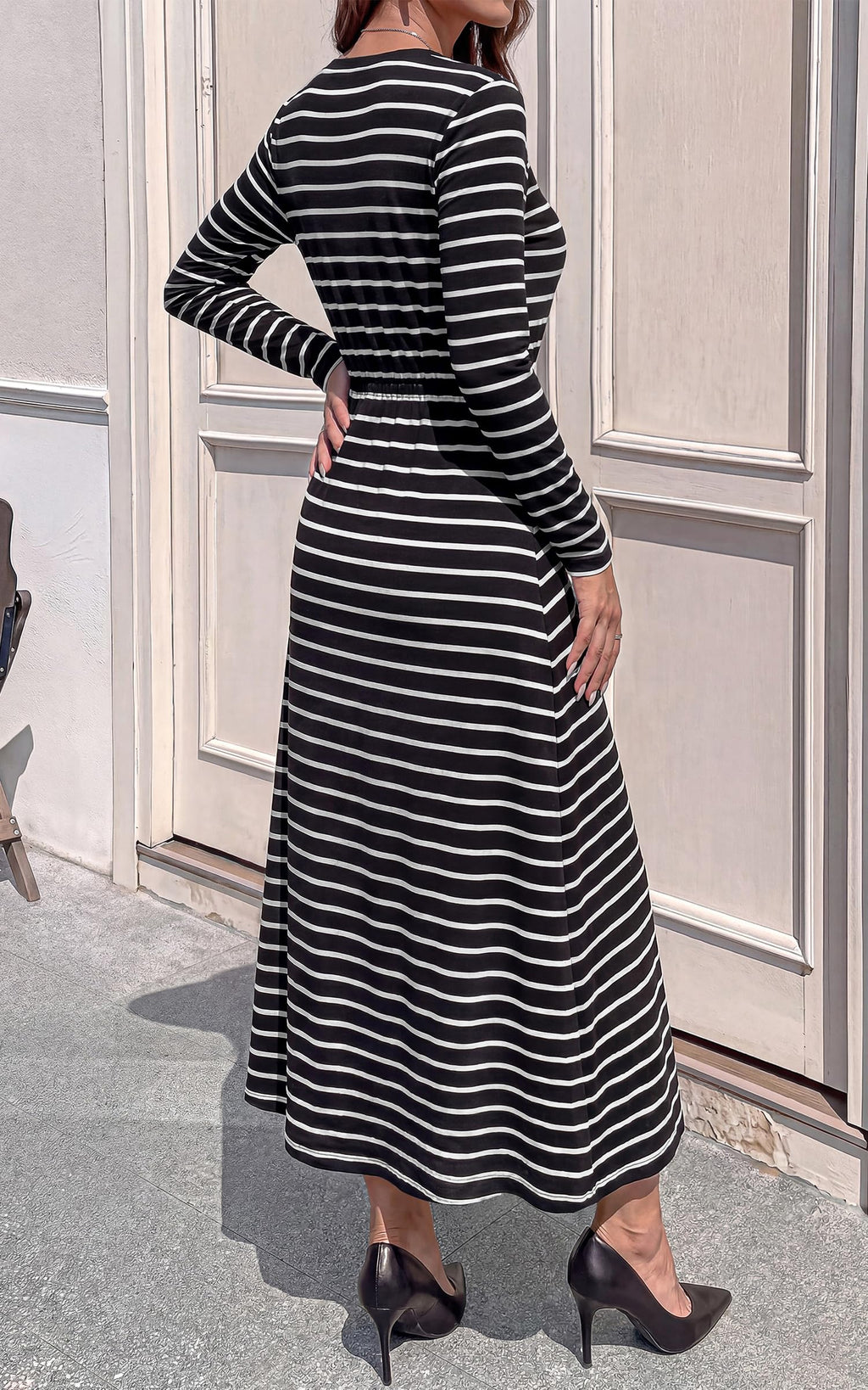 FreshPretty Long Sleeve Maxi Dresses for Women Fall Casual Loose Striped Dress|Cotton T Shirt Dress, Loose Fit Dress with Pocket, Business Casual Work Teacher, Fall Outfits