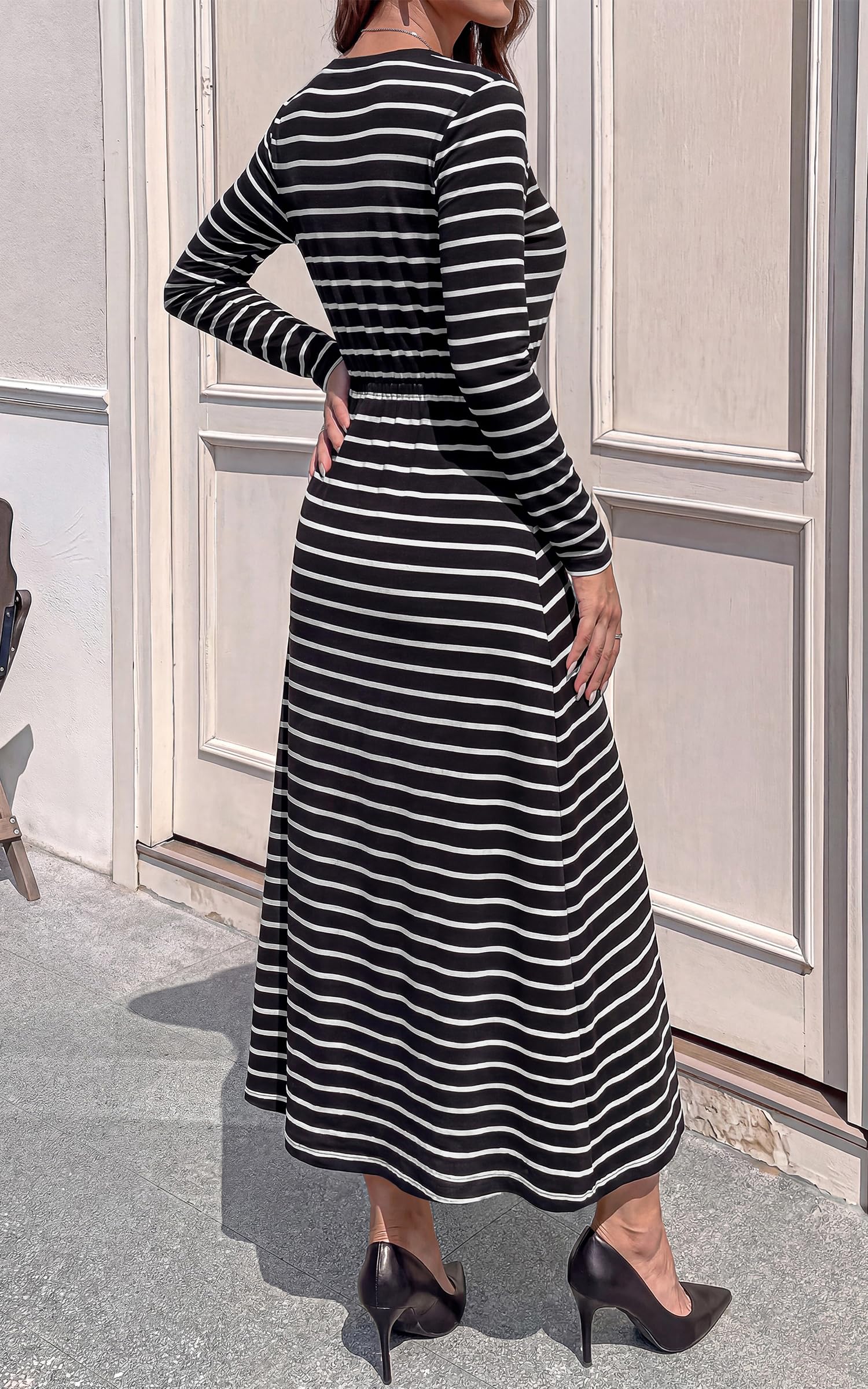 FreshPretty Long Sleeve Maxi Dresses for Women Fall Casual Loose Striped Dress|Cotton T Shirt Dress, Loose Fit Dress with Pocket, Business Casual Work Teacher, Fall Outfits