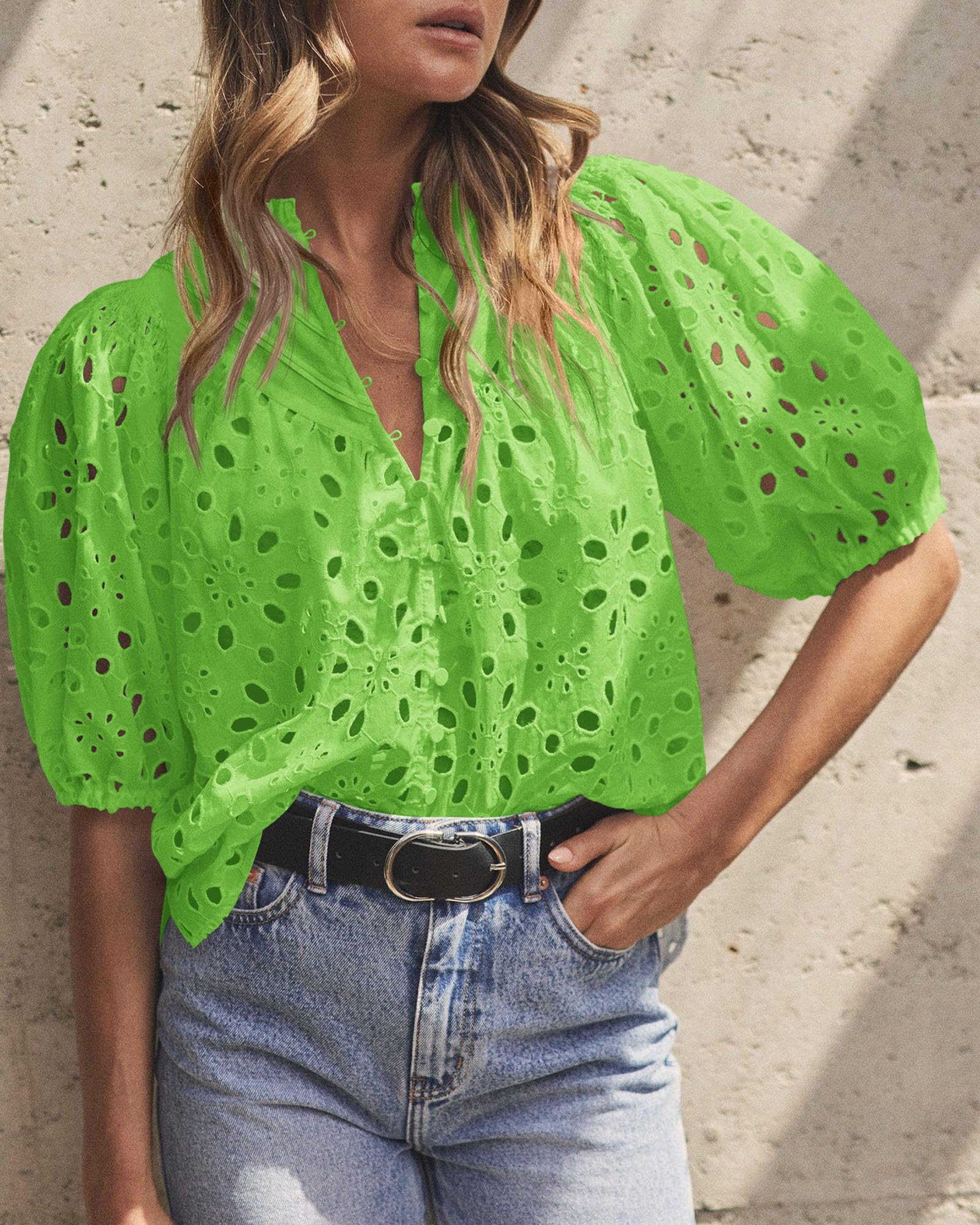 PRETTYGARDEN Women's Summer Tops Dressy Casual Short Sleeve V Neck Buttons Hollow Out Lace Embroidered Blouses Shirts