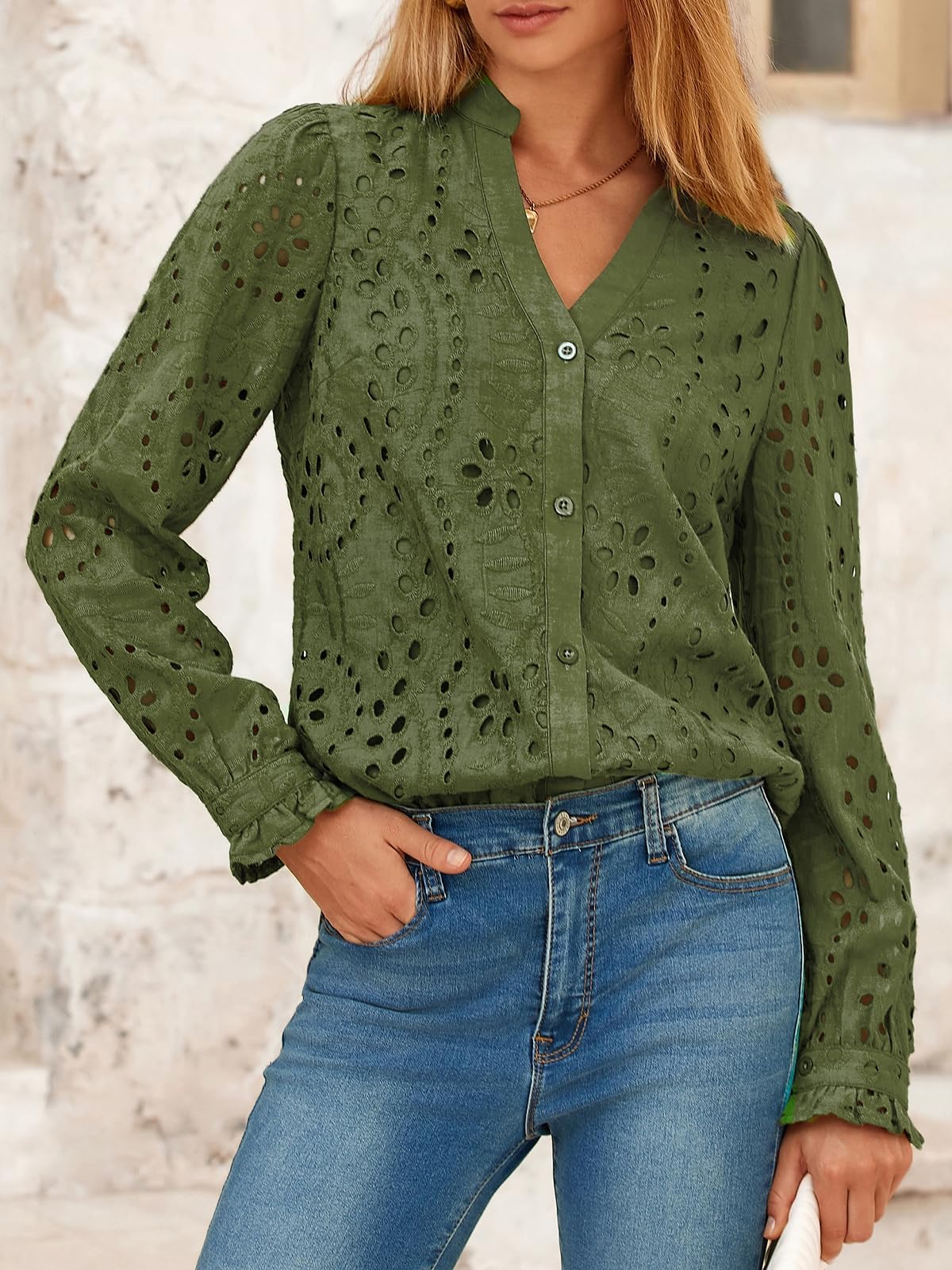FreshPretty Women's Long Sleeve Shirts Button Down Dressy Casual Blouses V Neck Embroidery Hollow Out Tops Fall Winter Clothes