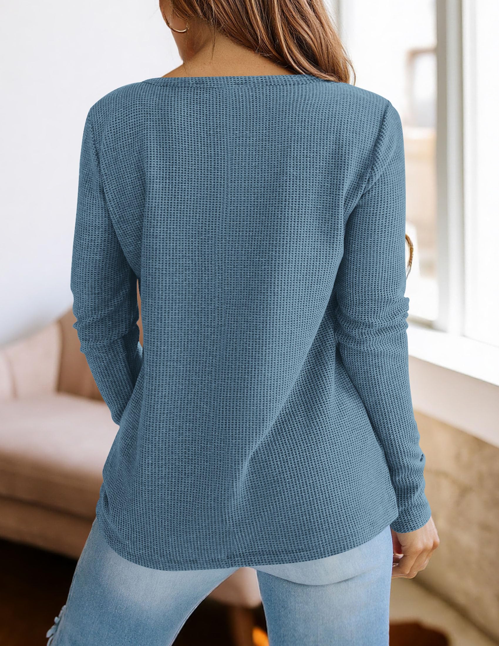 PRETTYGARDEN Long Sleeve Shirts for Women Fall V Neck Waffle Basic Tee Dressy Casual Winter Blouses Knit Tunic Tops
