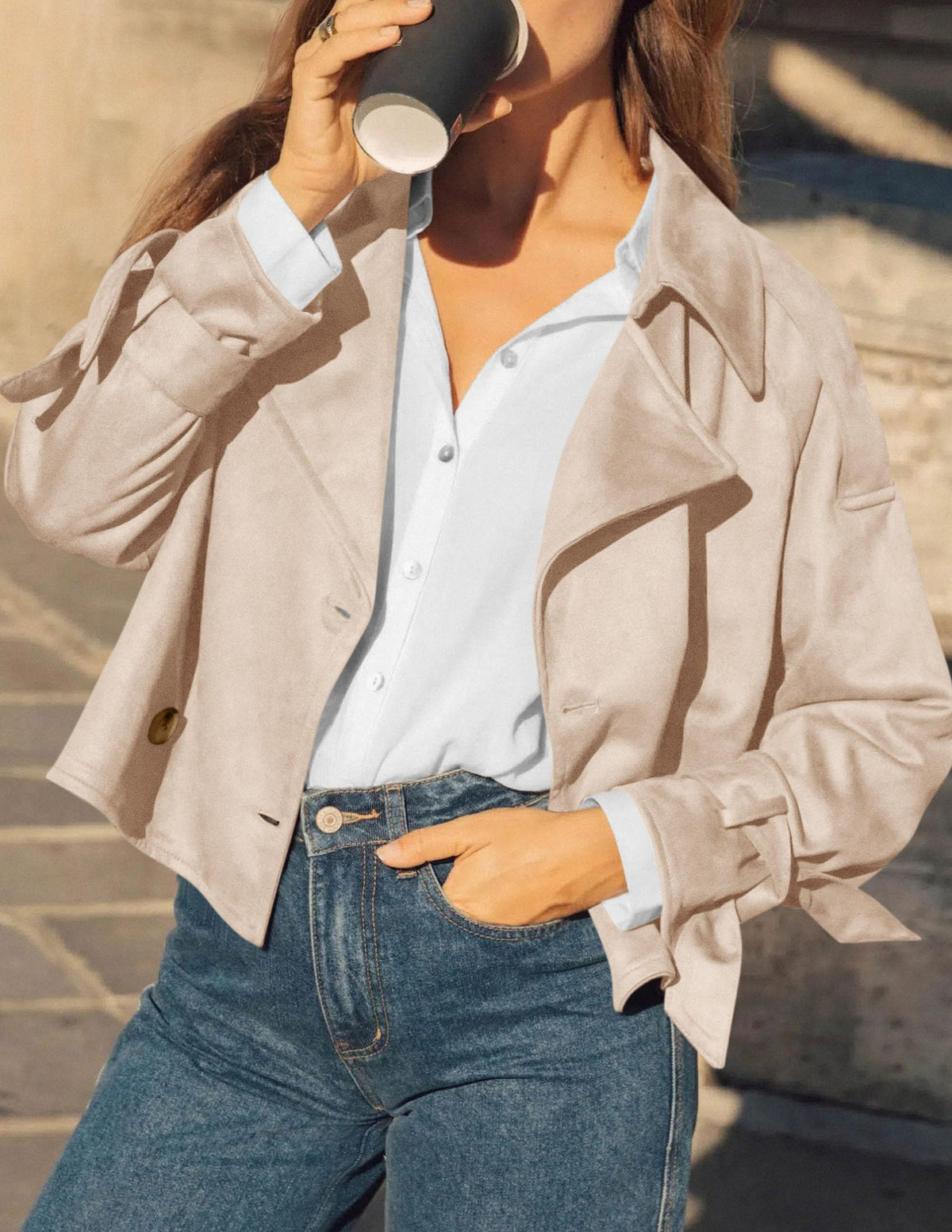 PRETTYGARDEN Women Faux Suede Double Breasted Trench Coat Cropped Jackets Raglan Long Sleeve,Lapel,Tie Cuff,Button Down,Fall Fashion Outerwear,Winter Clothes,Work Office Casual Short Jacket