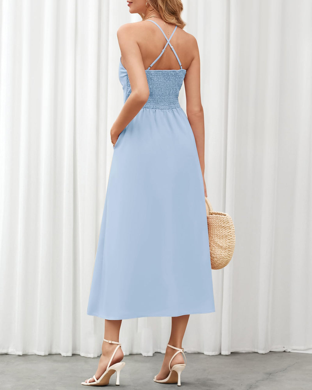 FreshPretty Women Summer Spaghetti Strap Midi Dress Sleeveless V Neck Cutout Slit Casual Beach Party Maxi Dresses Pockets