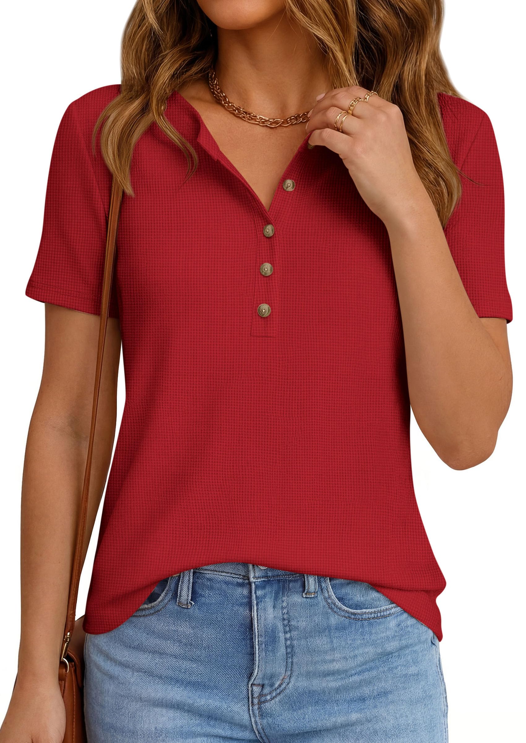 PRETTYGARDEN Waffle Knit Tops for Women Short Sleeve Henley Shirts  Summer Blouses Dressy Casual Spring Fashion Clothes