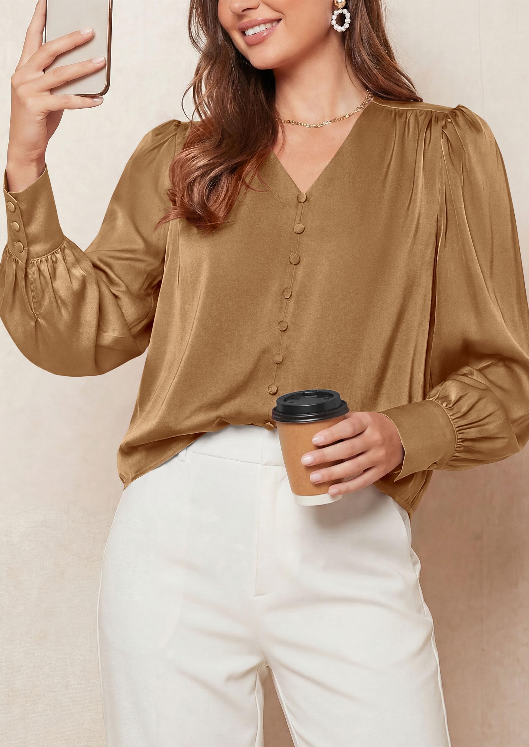 PRETTYGARDEN Satin Long Sleeve Womens Blouses Dressy Casual | Glossy Smooth Silk Fabric,Lantern Sleeve Fall Tops,Decorative Button Pullover,V Neck Shirts,Office Work Business Outfits