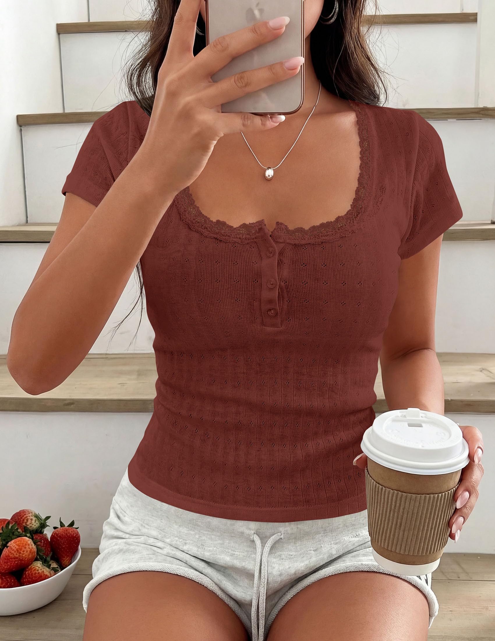 PRETTYGARDEN Summer Tops for Women Short Sleeve Lace Trim Slim Fitted Henley Tee Shirts Y2K Fashion Clothing