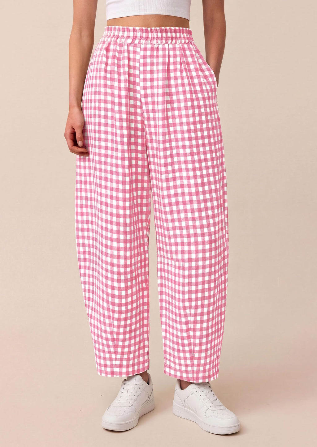 PRETTYGARDEN Plaid Barrel Pants Women Summer Casual Loose Wide Leg Lounge Gingham Trousers Spring Fashion Beach Bottoms