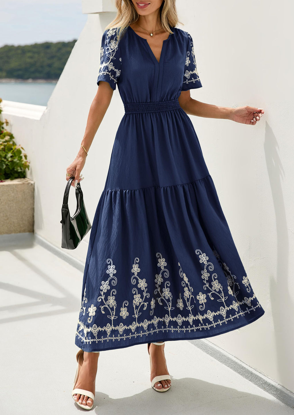 PRETTYGARDEN Women's Summer Boho Maxi Dress Spring Floral Short Sleeve V Neck A Line Flowy Beach Wedding Guest Dresses