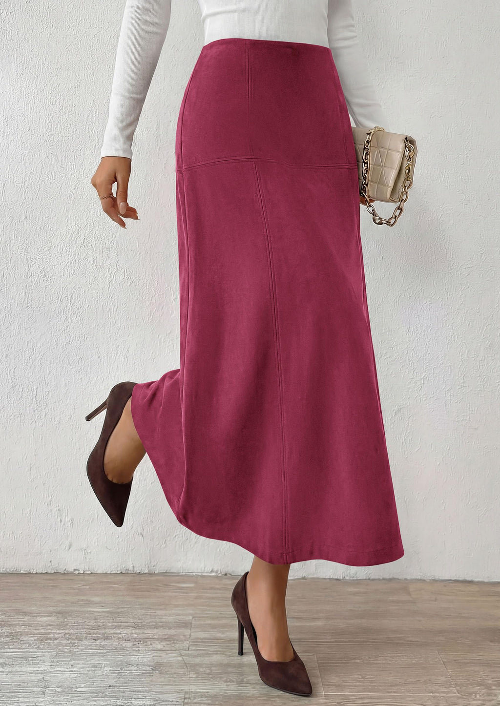 PRETTYGARDEN Womens High Waist Faux Suede A Line Midi Skirt | Hidden Stretch Elastic Waist, Front Back Panel Stitching, Vintage Elegant Mid-Calf Long Skirts for Fall Winter Office Daily