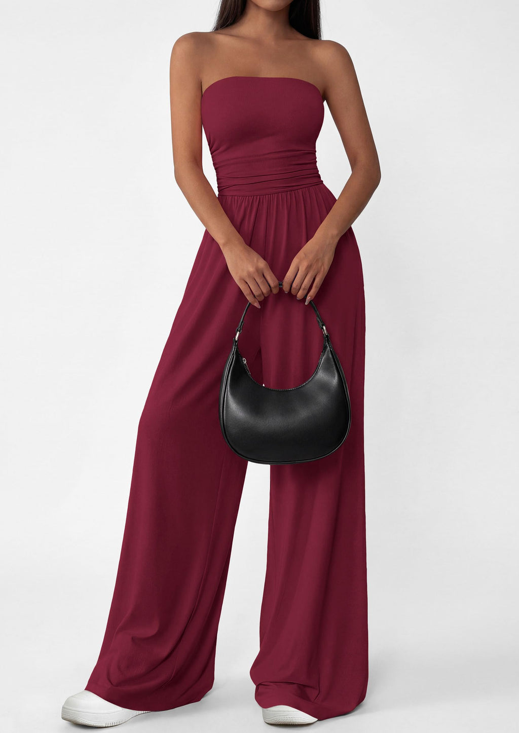 PRETTYGARDEN Womens Trendy Strapless Rompers Ruched Tube Top Wide Leg One Piece Jumpsuits Beach Vacation Summer Outfits