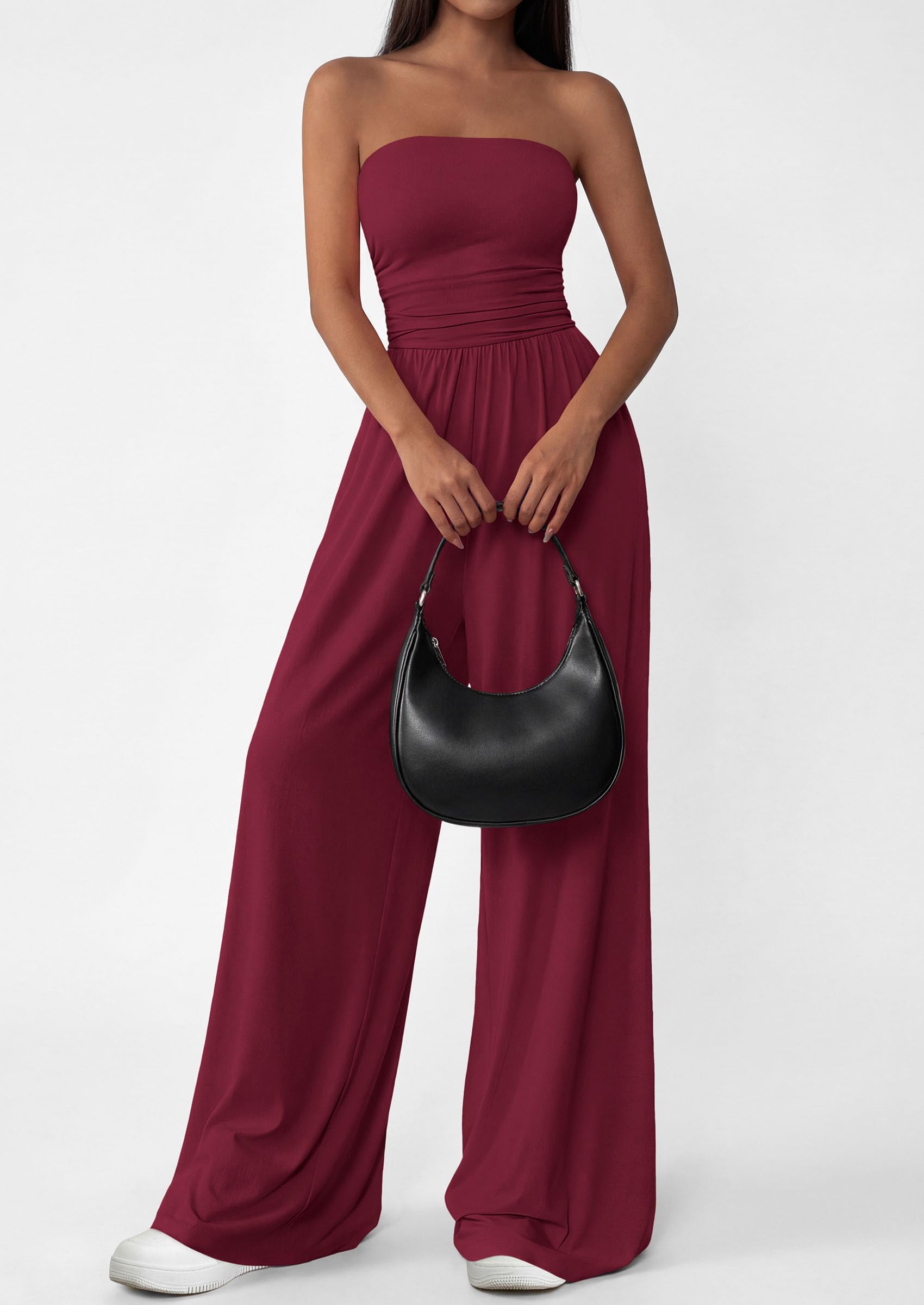 PRETTYGARDEN Womens Trendy Strapless Rompers Ruched Tube Top Wide Leg One Piece Jumpsuits Beach Vacation Summer Outfits
