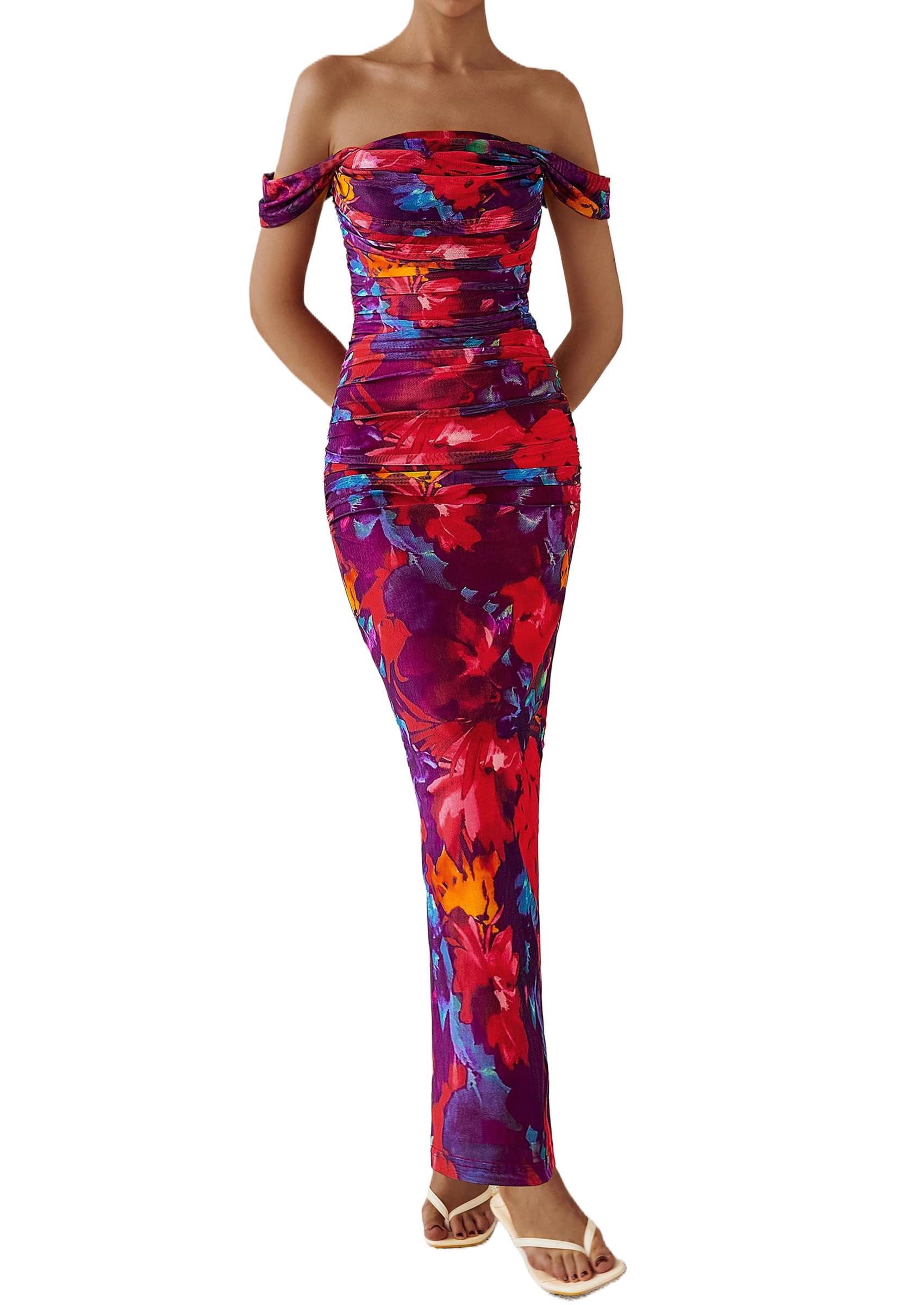PRETTYGARDEN Cocktail Dresses for Women Summer Floral Off Shoulder Ruched Mesh Elegant Wedding Guest Maxi Dress