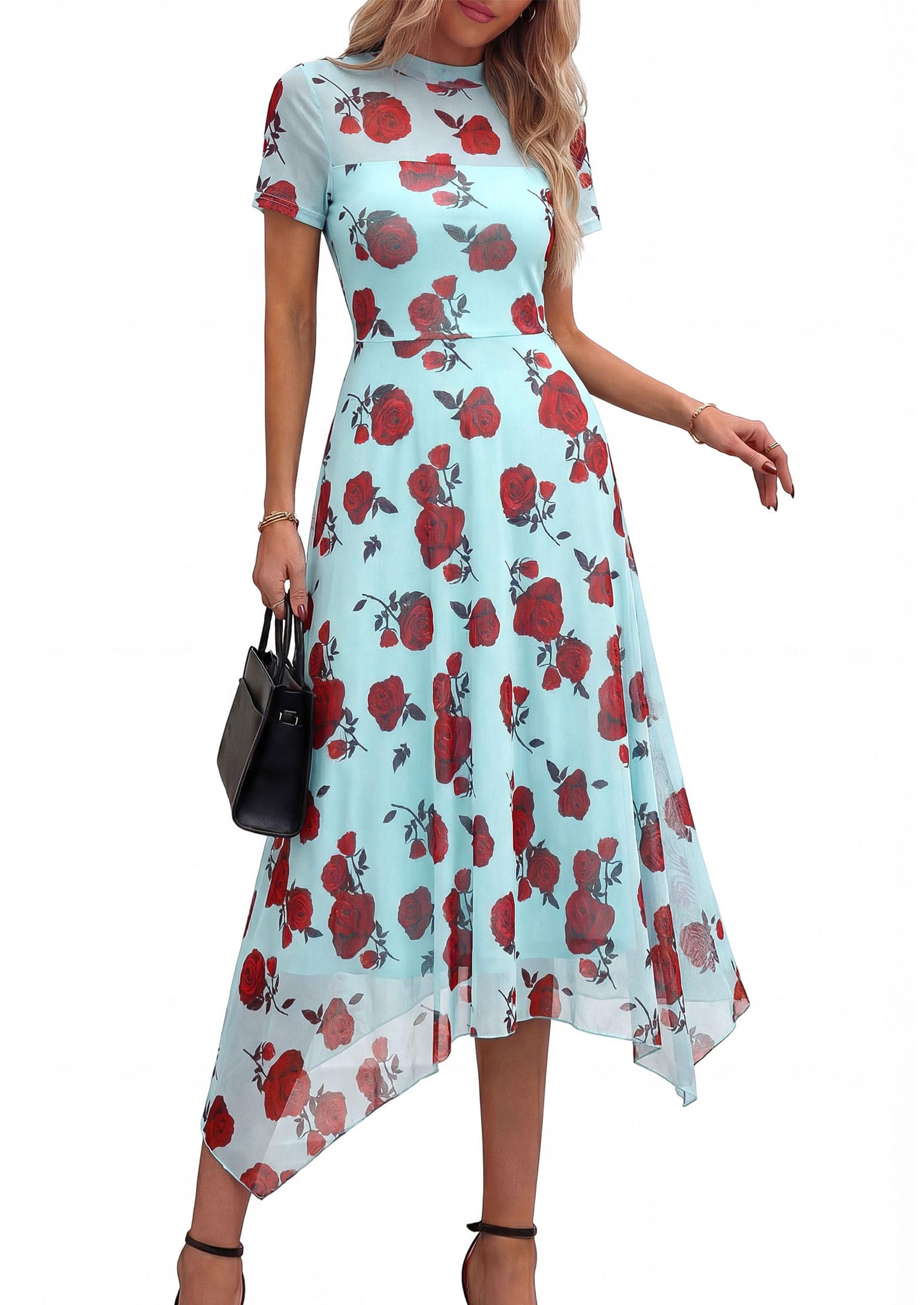 PRETTYGARDEN Cocktail Dresses for Women  Summer Short Sleeve Floral Mesh Sheer Midi Party Wedding Guest Dress