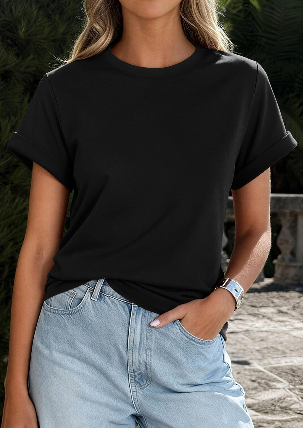 PRETTYGARDEN Womens Summer Tops Spring Casual Rolled Short Sleeve Basic Tees Crew Neck Work Shirts Fashion Clothing