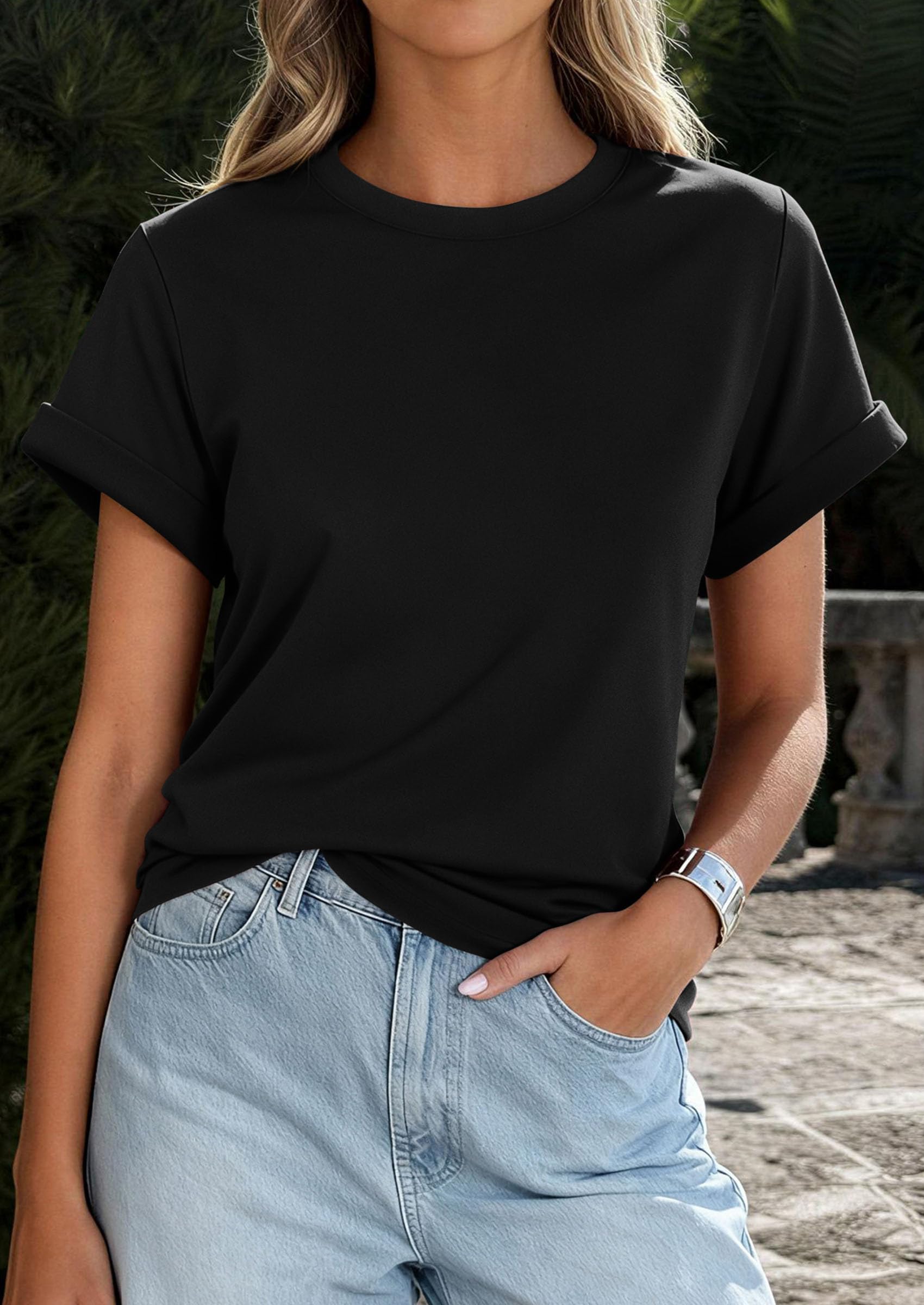 PRETTYGARDEN Womens Summer Tops Spring Casual Rolled Short Sleeve Basic Tees Crew Neck Work Shirts Fashion Clothing