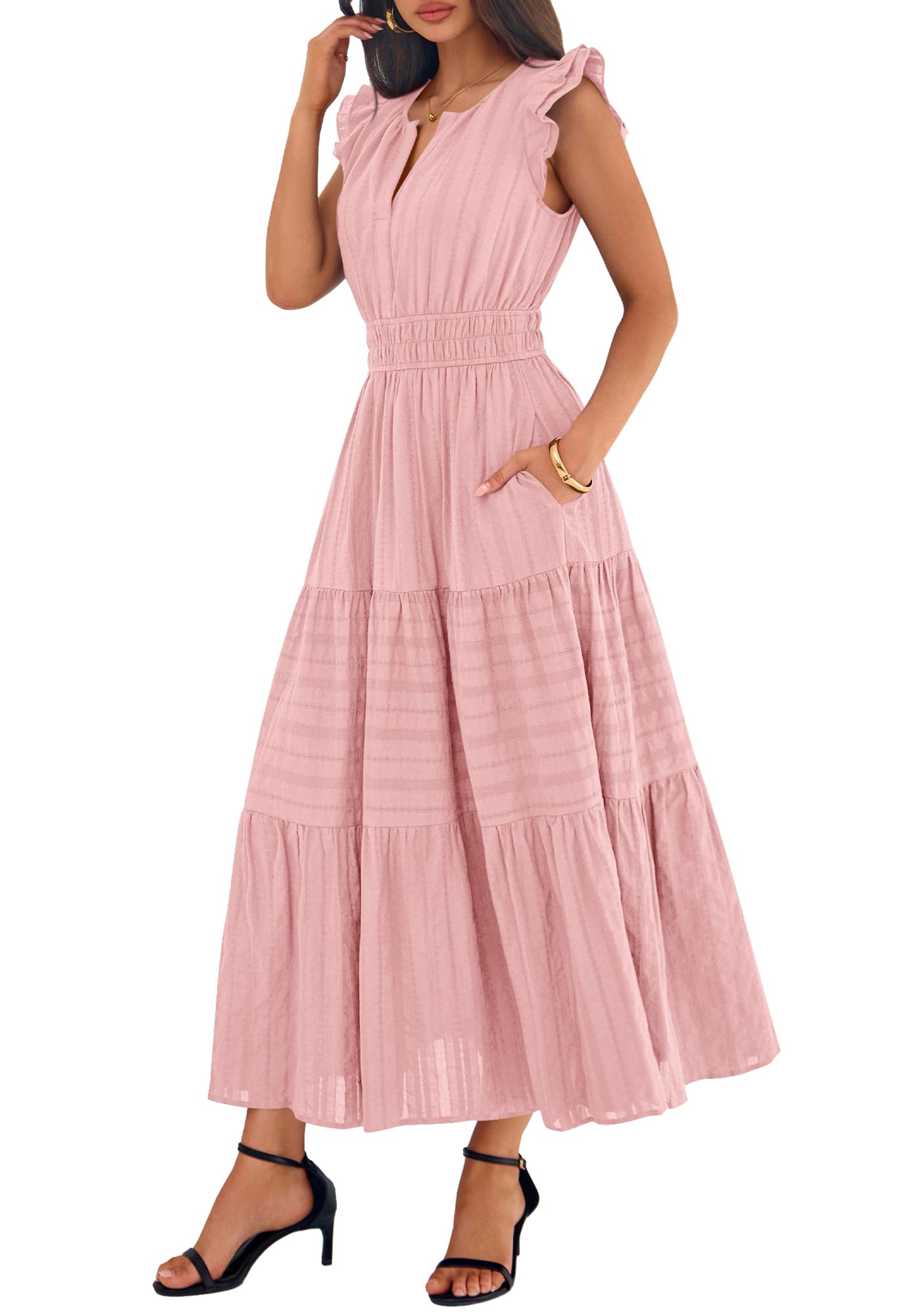 BTFBM Womens Summer Maxi Dress  Spring Boho Vacation Ruffle Flutter Short Sleeve A Line Tiered Flowy Dresses Pockets