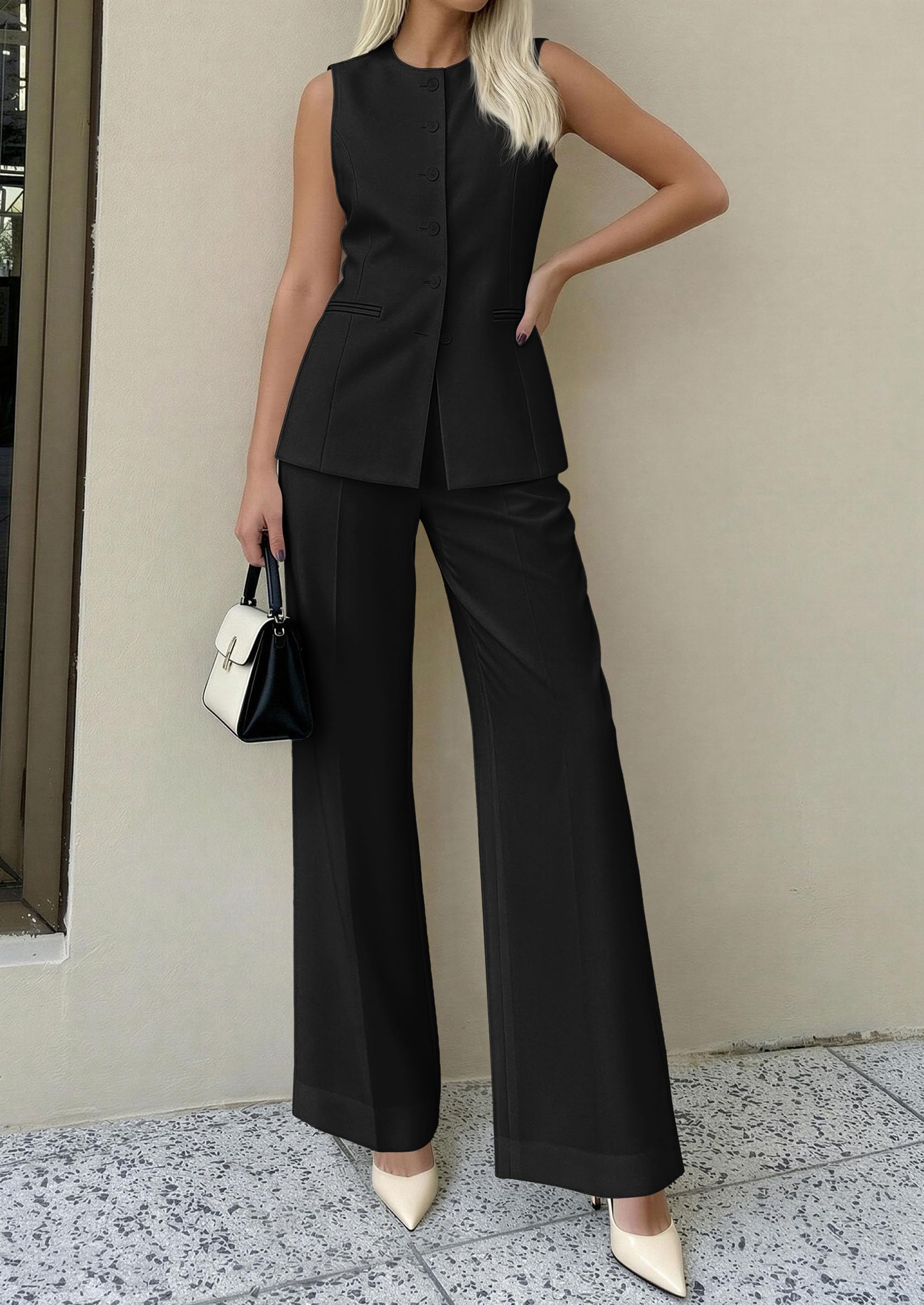 PRETTYGARDEN Women's 2 Piece Sets Summer  Work Clothes Sleeveless Blazer Vest Pants Suits Spring Business Casual Outfits