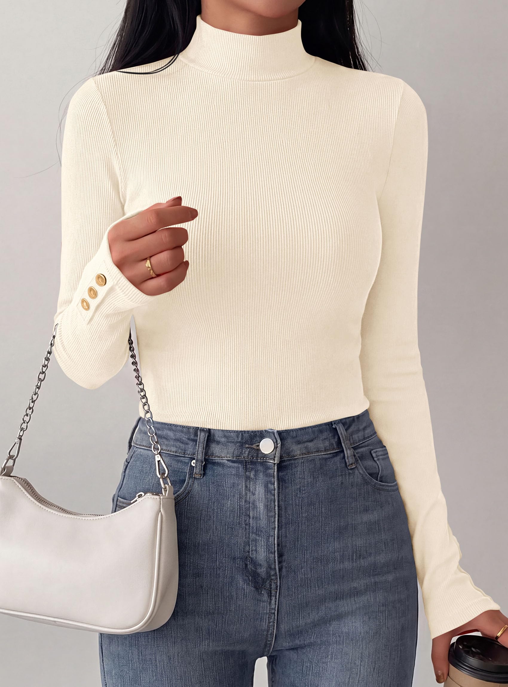 PRETTYGARDEN Women's Ribbed Mock Neck Long Sleeve Tops | Slim Fitted T-Shirts, Soft Stretch, Decorative Buttons, Going Out Work Casual Wear, Fall Outfits Layering Winter Clothes