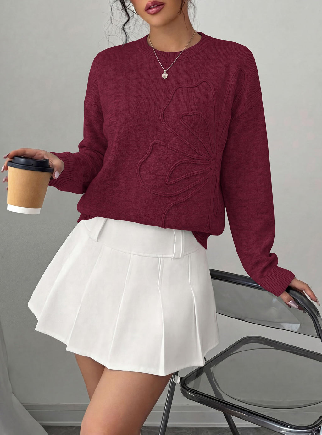 PRETTYGARDEN Women Fall Sweaters Trendy Floral Knit Pullover | Flower Embroidered Tops, Crew Neck, Soft Long Sleeve Shirts, Cozy Winter Layering Clothes for Casual Outing, Holiday Party