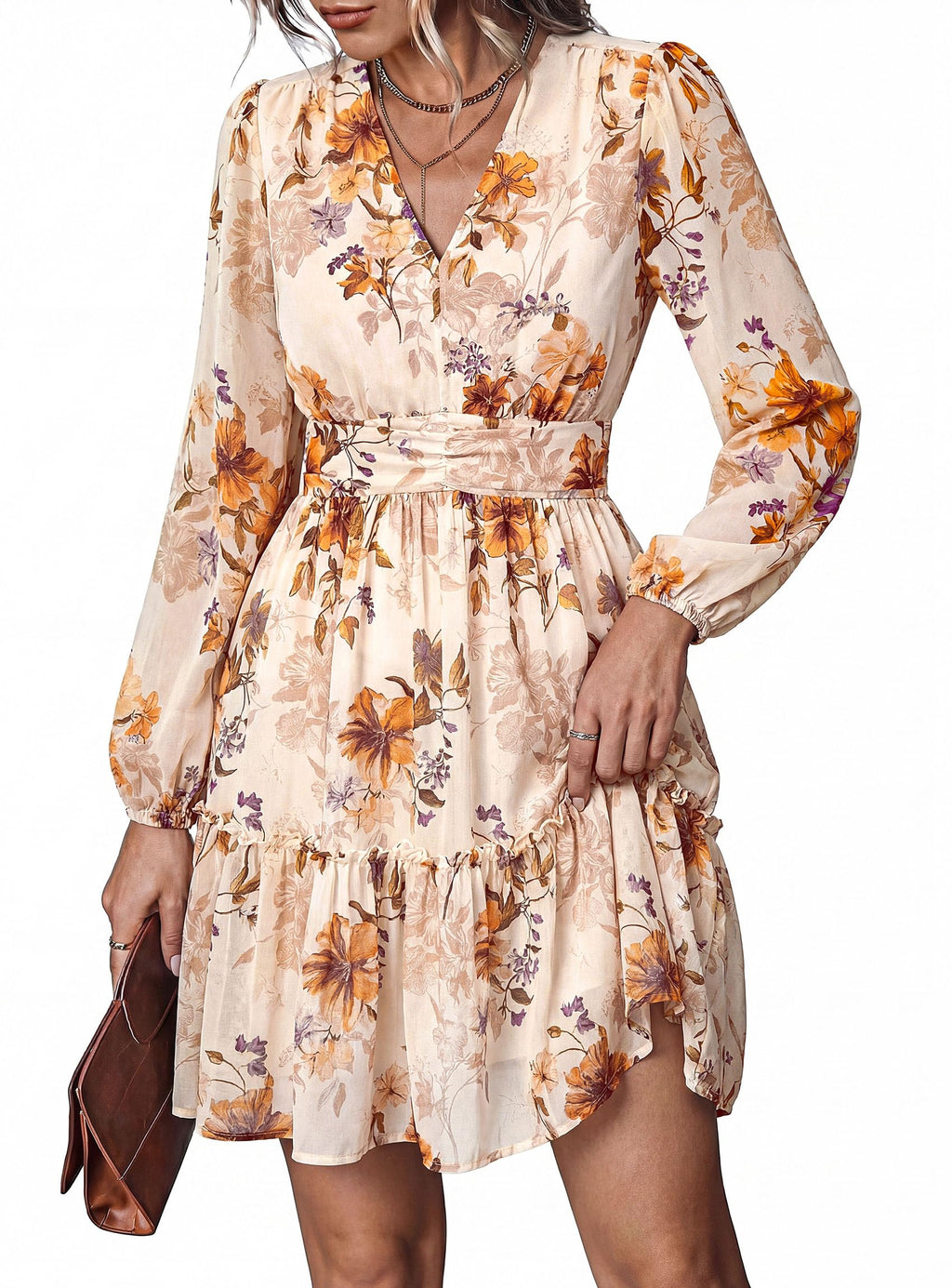PRETTYGARDEN Women Floral Long Sleeve Mini Dress | Fall Wedding Guest Dresses, V Neck, Fit & Flare, Ruffle Hem A-Line, Short Chiffon Dress, Elegant Holiday Party, Date Outfits