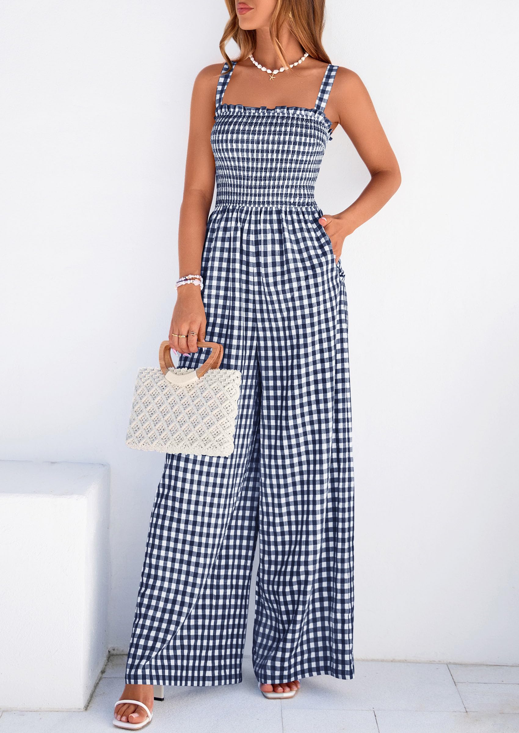 PRETTYGARDEN One Piece Jumpsuits for Women Casual Summer Cruise Outfits  Spring Fashion Smocked Wide Leg Gingham Rompers