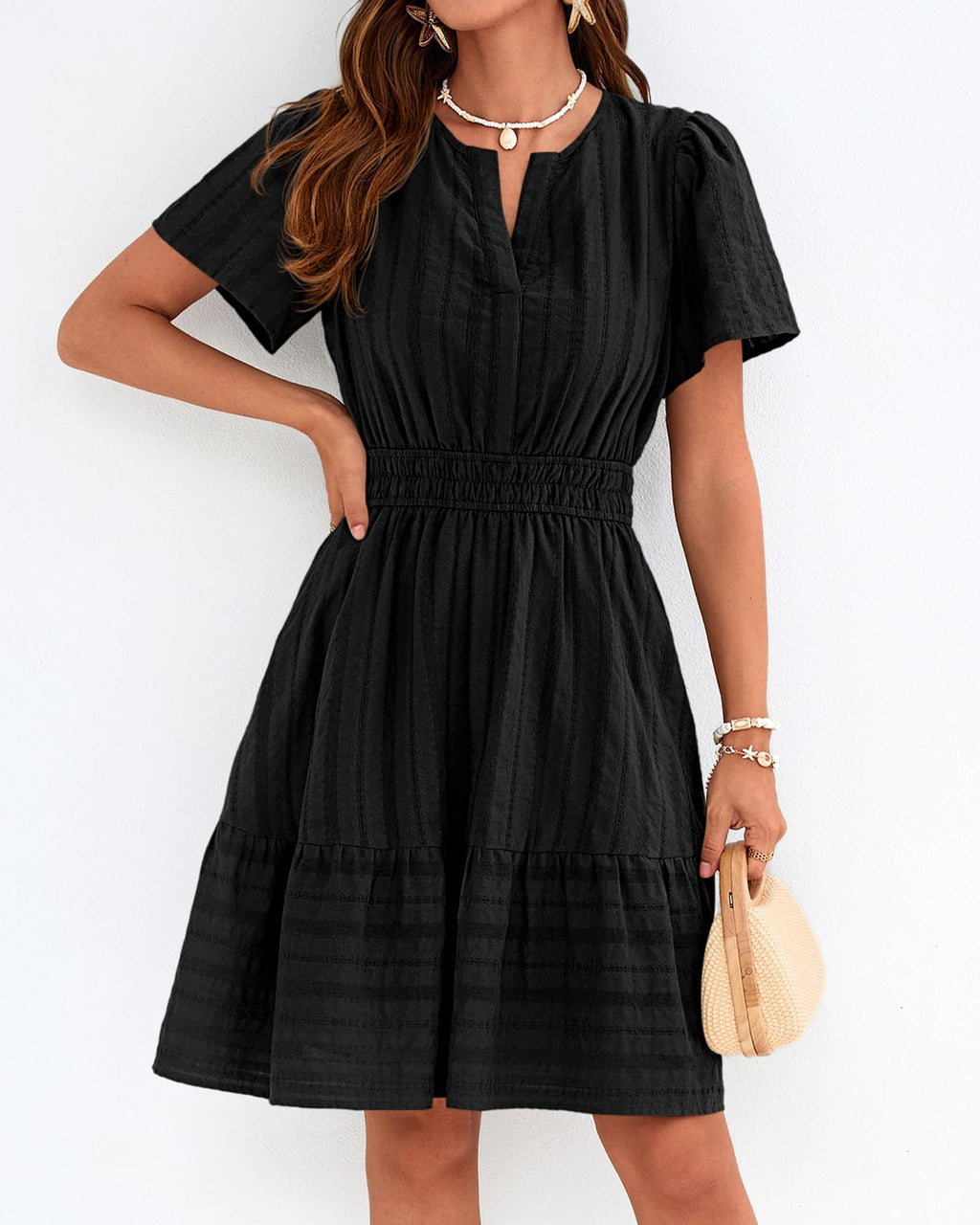 BTFBM Womens Spring  Casual Mini Dresses Lightweight Short Sleeve V Neck Elastic Waist Cute Boho Beach Dress Pockets