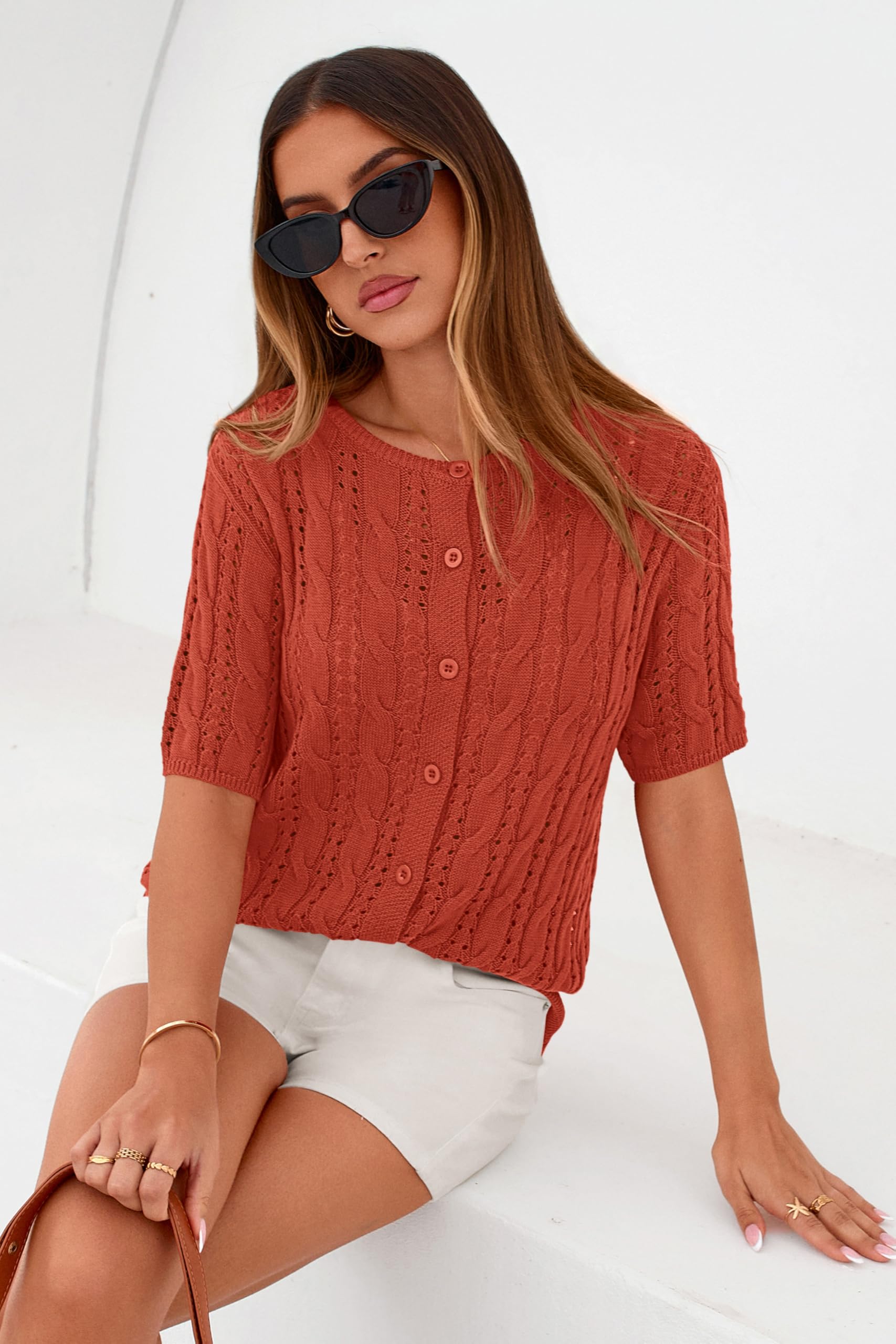 FreshPretty  Women Summer Cable Knit Crochet Cardigan Sweaters Casual Button Short Sleeve Sweater Cute Beach Hollow Out Knit Top