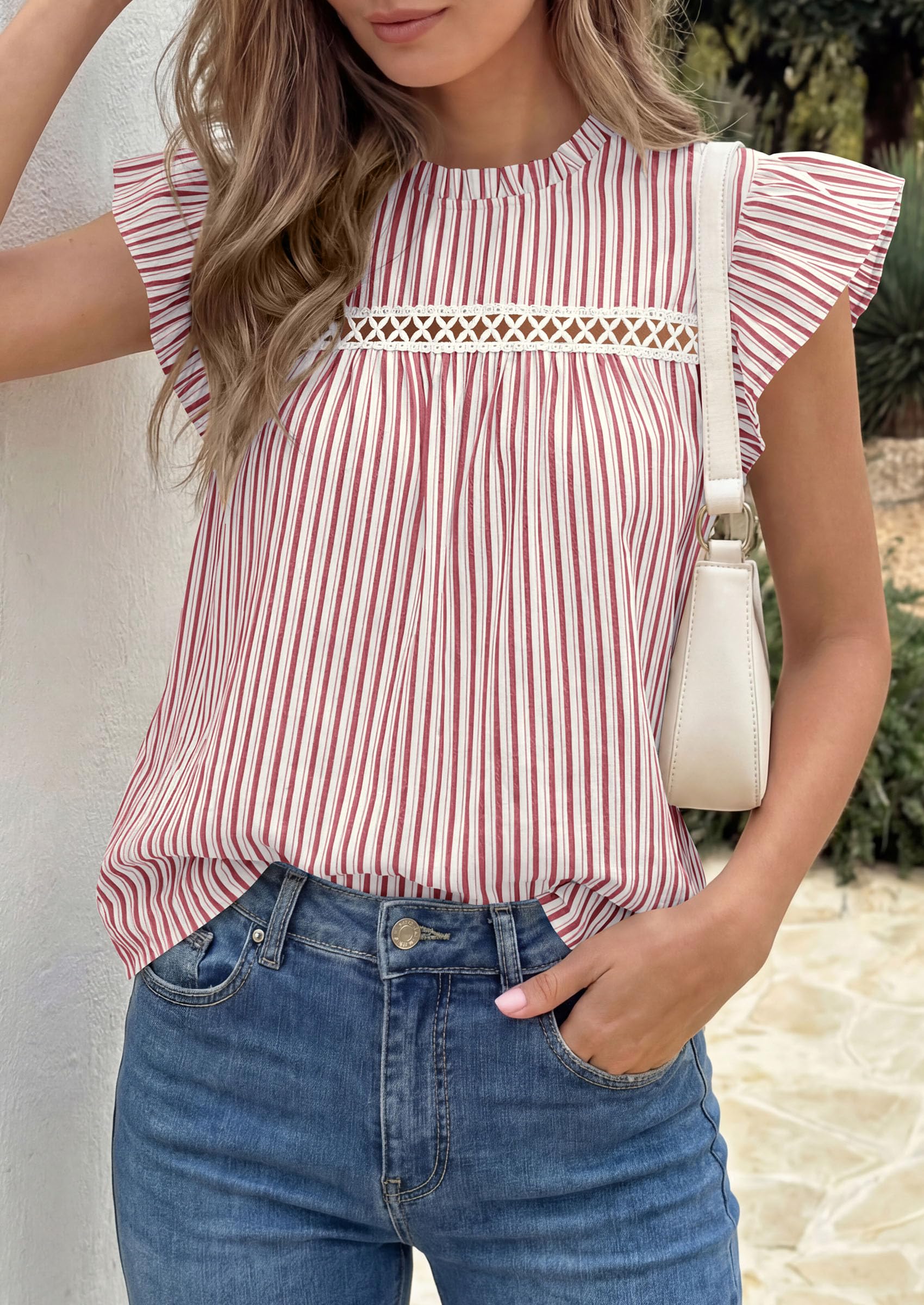 PRETTYGARDEN Striped Shirt Womens Summer Tops  Spring Business Casual Work Dressy Crochet Lace Ruffle Cap Sleeve Blouse