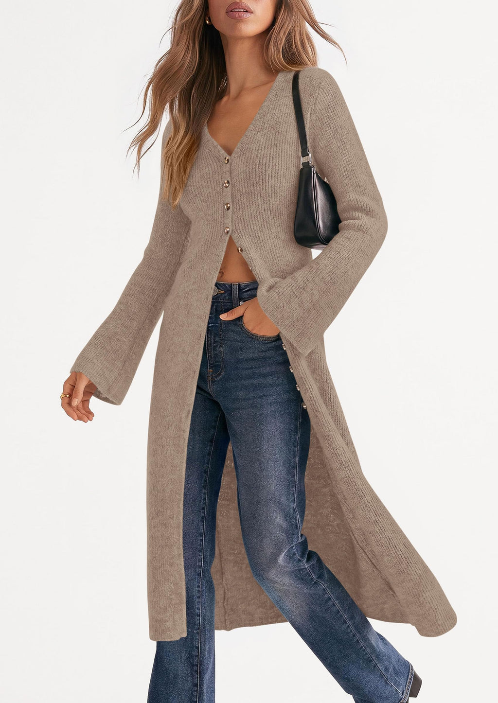 PRETTYGARDEN Women Long Cardigan Bell Sleeve Sweater Dress Early Fall Fashion, V Neck Button Down Coats, Fit and Flare, Duster Sweater, Acrylic Cotton Blend