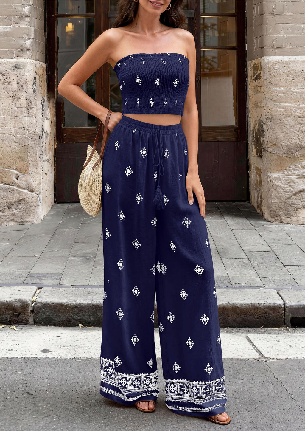 PRETTYGARDEN 2 Piece Sets for Women Summer  Travel Outfits Print Tube Tops Wide Leg Pants Beach Vacation Clothes