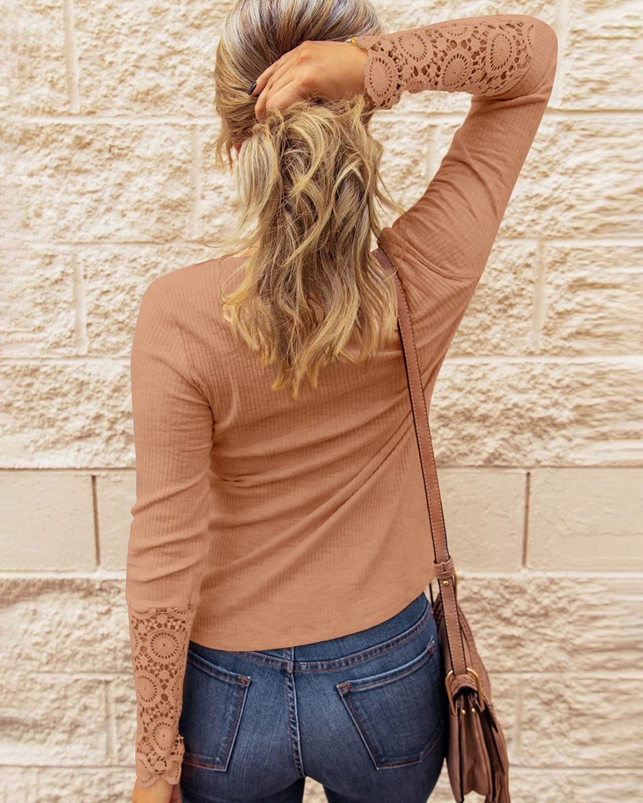 FreshPretty Women Long Sleeve Shirts Spring Solid Button Up V Neck Lace Long Sleeves Slim Fit Knit Casual Fall T-Shirts