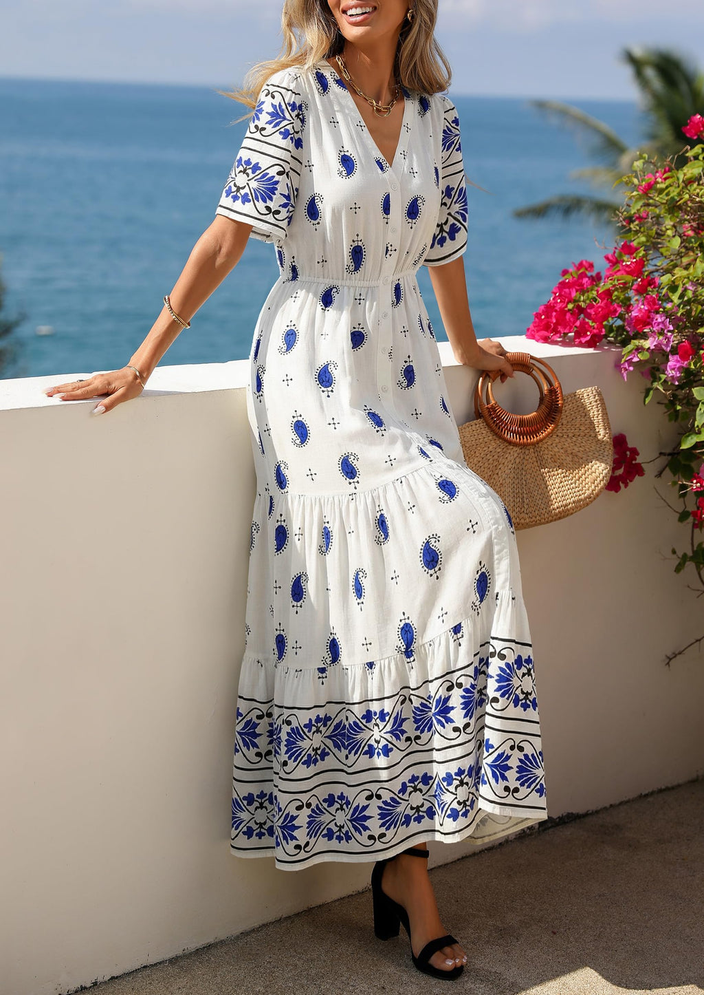 PRETTYGARDEN Womens Summer Boho Maxi Dress Trendy Short Sleeve V Neck Flowy Beach Floral Dresses with Pockets