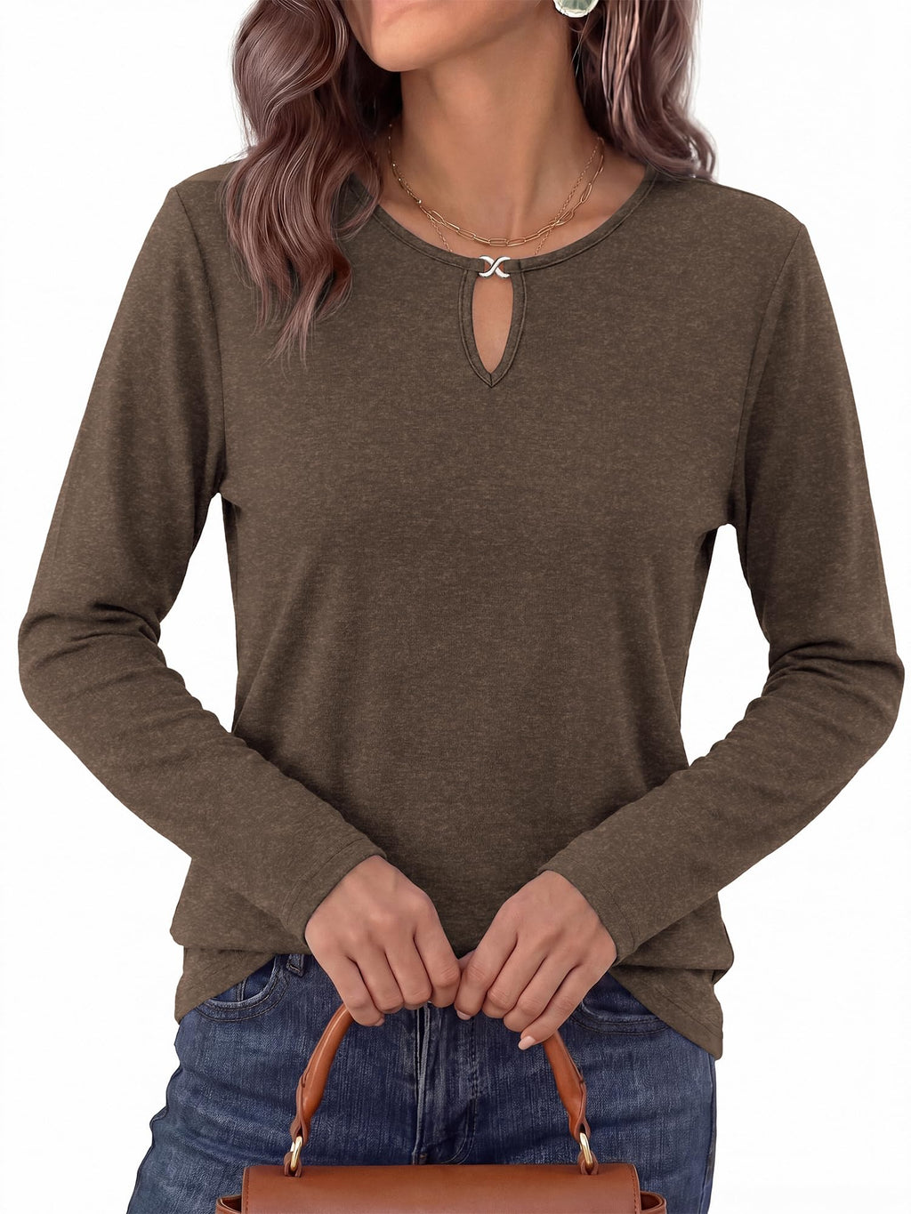 FreshPretty Long Sleeve Shirts for Women Fall Keyhole Crewneck Work Tops,Lightweight Stretchy Soft Knit Tshirt, Business Casual Basic Tees Cute Top,Relaxed Fit Blouse Daily Travel Vacation Outfits