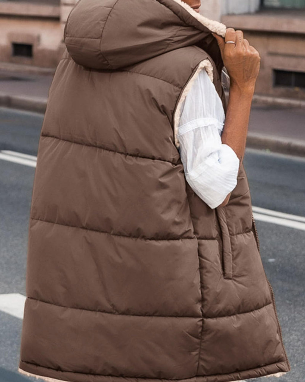 BTFBM Long Puffer Vest Women Fleece Sherpa Jacket Sleeveless Hooded Reversible Zip Up Winter Coat Fall Vests Outerwear