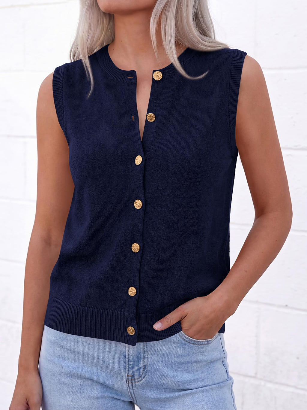 BTFBM Sweater Vest Women Casual Crewneck Loose Button Down Knit Sleeveless Cardigan Spring Clothes Summer Vest Tops