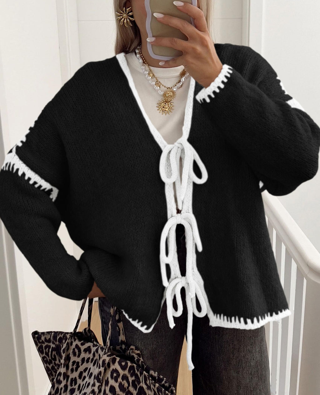 PRETTYGARDEN Women's Tie Front Bow Cardigan Sweaters Chunky Knit Long Puff Sleeve Trendy Fall Winter Jacket Coat