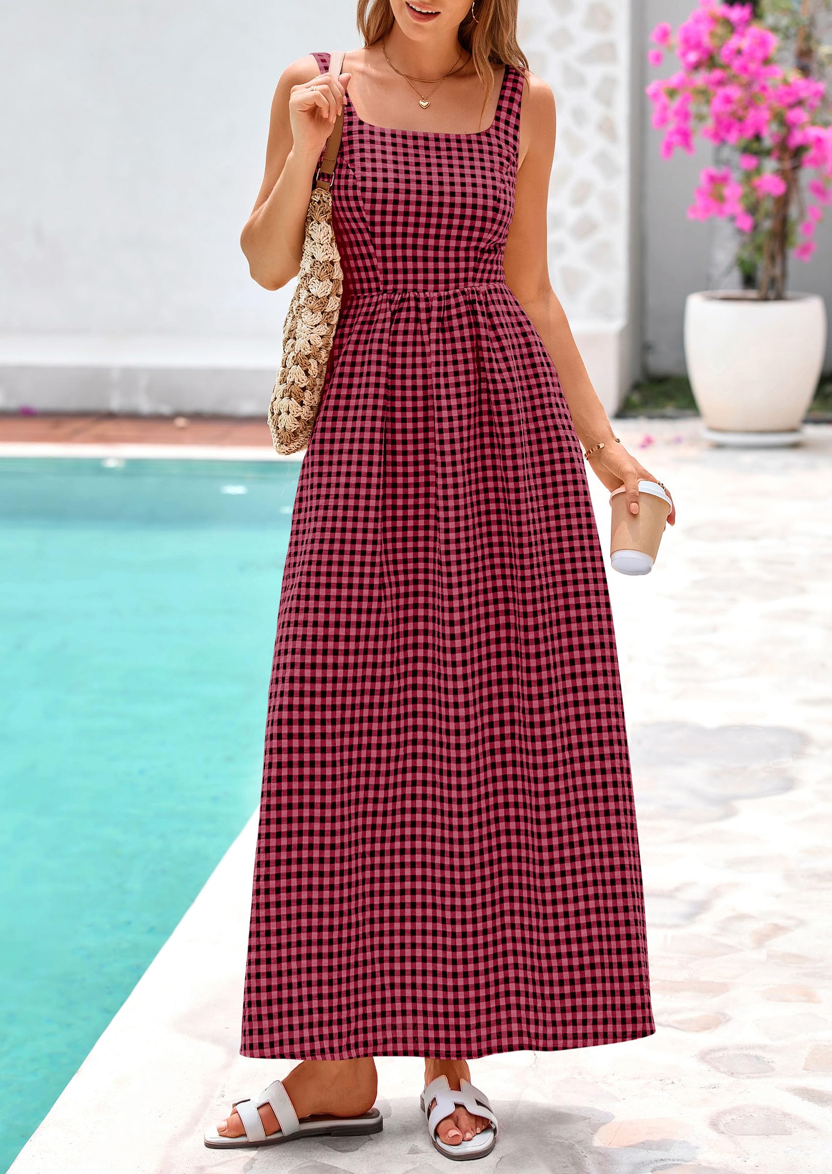 PRETTYGARDEN Women's Summer Spaghetti Strap Maxi Dresses Plaid Square Neck A Line Casual Beach Vacation Long Sundress