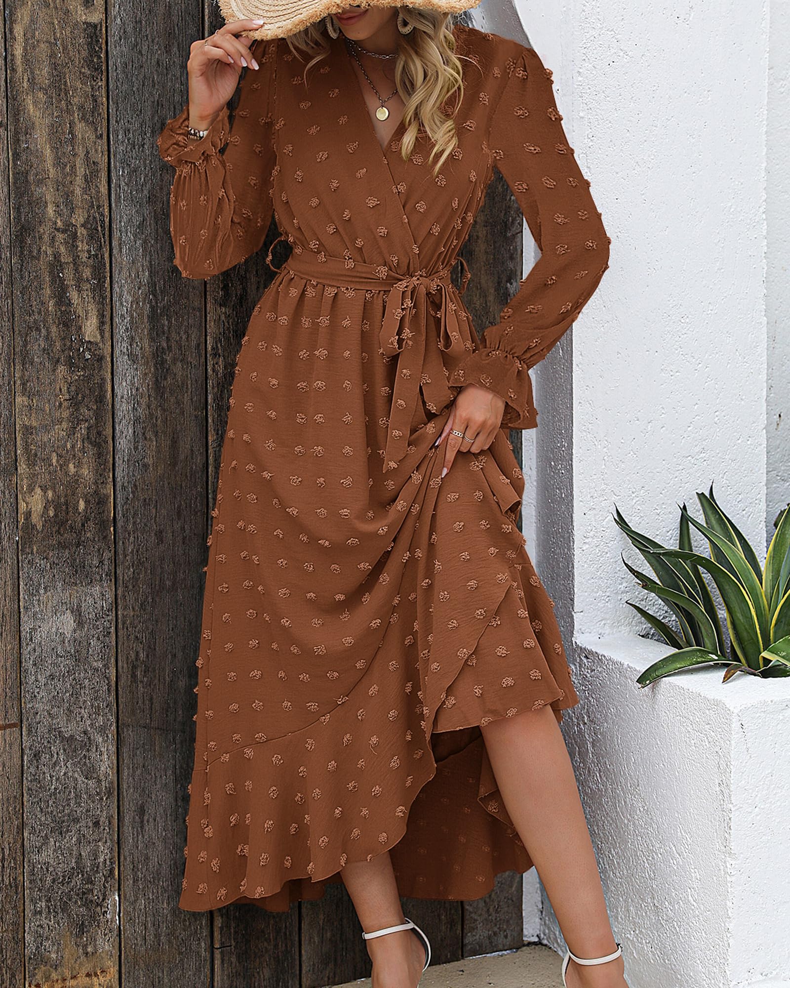 FreshPretty Long Sleeve Maxi Dresses for Women V Neck Swiss Dot Boho Flowy Slit Cocktail Wedding Guest Dress Fall Clothes