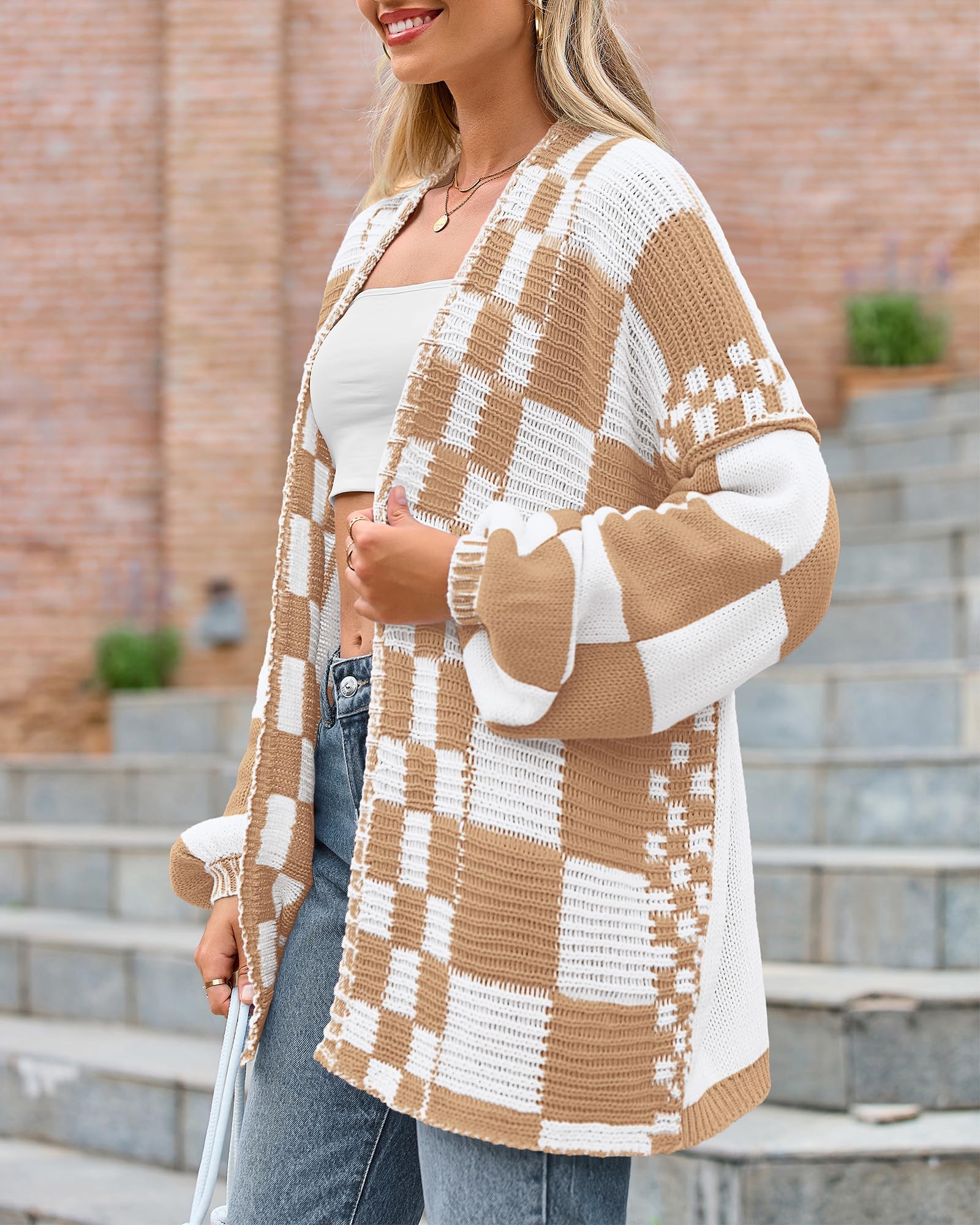 FreshPretty Casual Cardigan Sweater for Women Fall Long Sleeve Open Front Chunky Knit Sweaters Checkered Outwear Coat