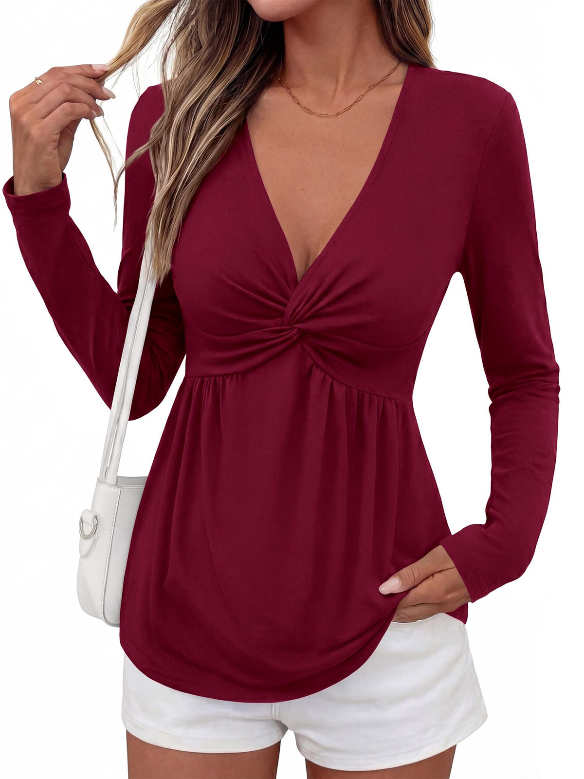 BTFBM Babydoll Tops for Women Fall Clothes Long Sleeve Shirts Peplum Top Twist Front Empire Waist V Neck Shirts, Fashion Clothing, Dressy Casual Blouses, Daily Wear Going Out Date Night Outfits