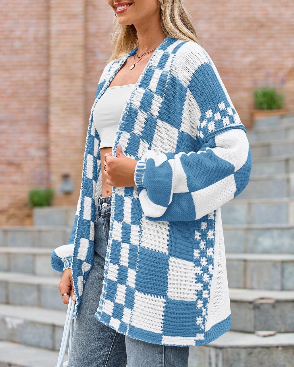 FreshPretty Casual Cardigan Sweater for Women Fall Long Sleeve Open Front Chunky Knit Sweaters Checkered Outwear Coat