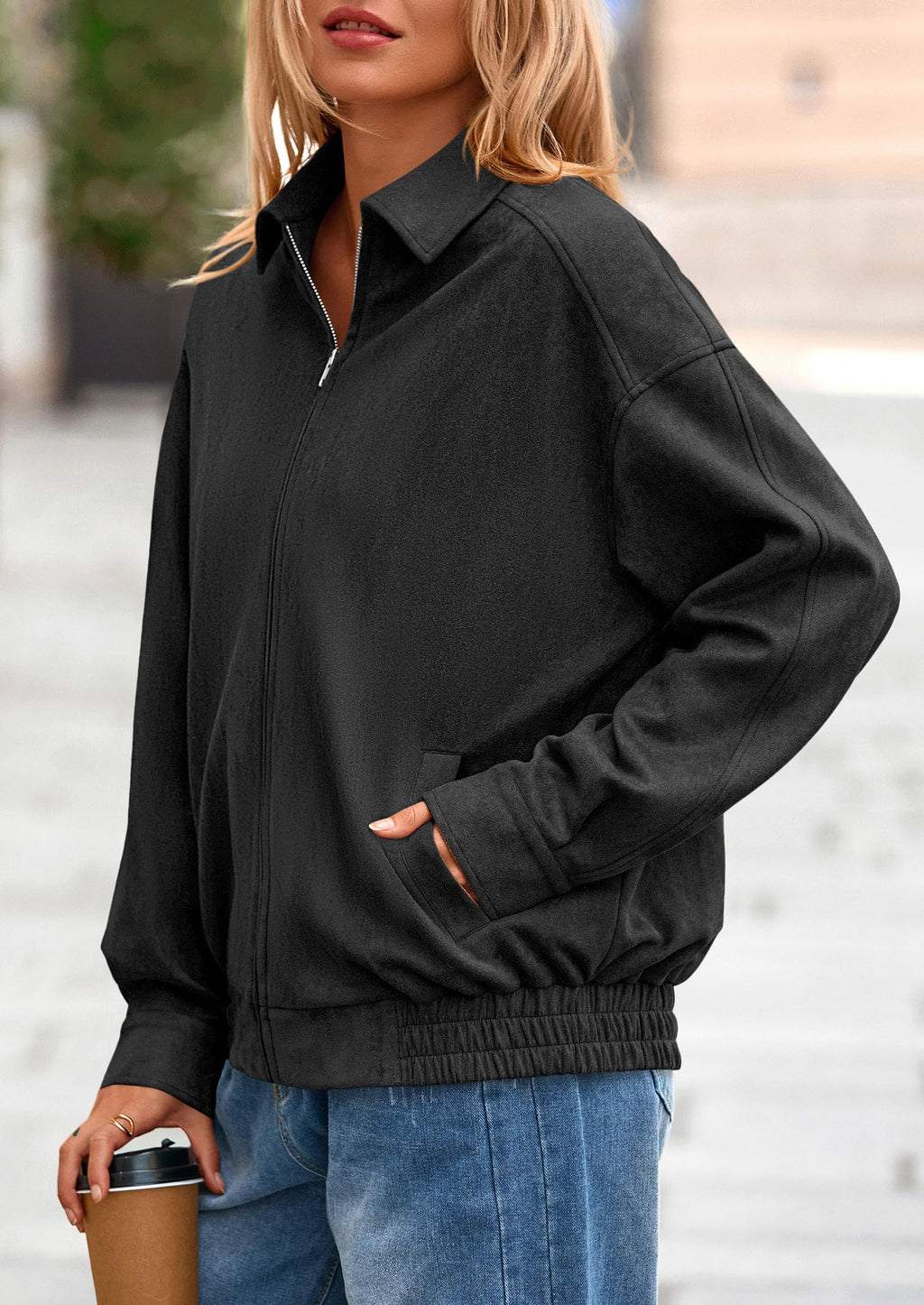 PRETTYGARDEN Faux Suede Bomber Jacket Women Fall Fashion Casual Zip Up Oversized Trendy Winter Clothing Outerwear Coats