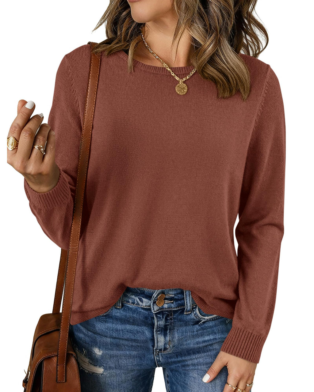 BTFBM Womens Long Sleeve Crew Neck Sweaters Spring Casual Classic Soft Loose Fit Basic Pullover Jumper Knit Top